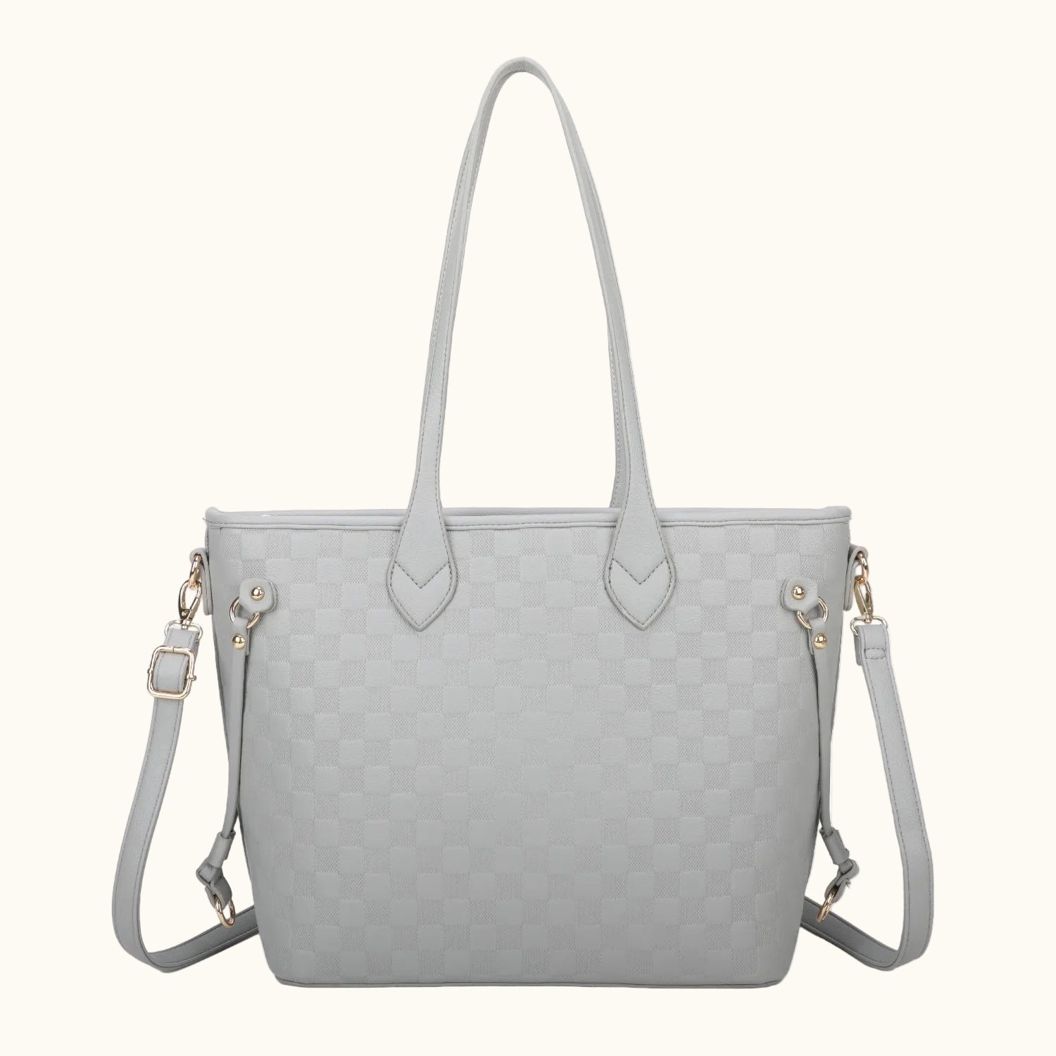 Gray handbag with a shoulder strap on a white background