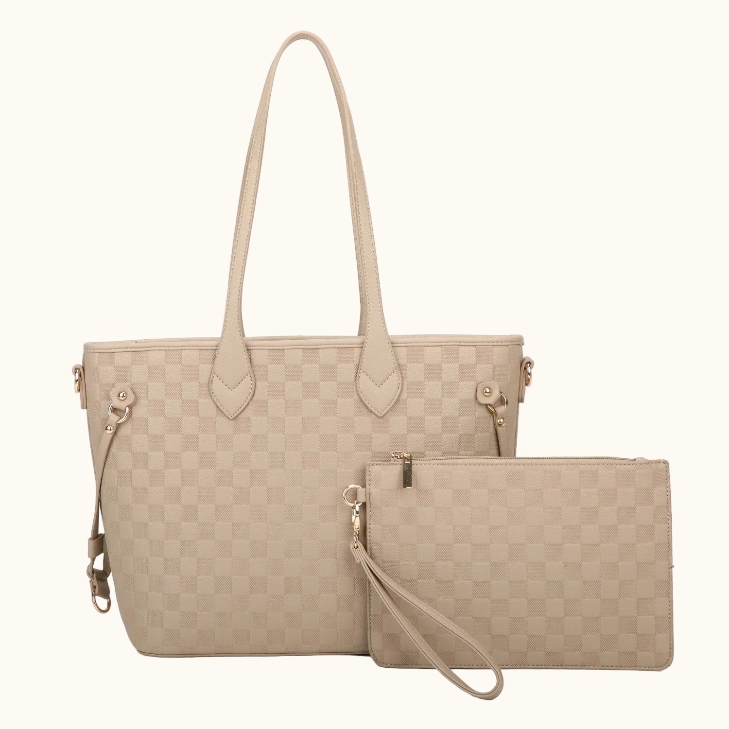 Beige checkered handbag with matching pouch on a white background