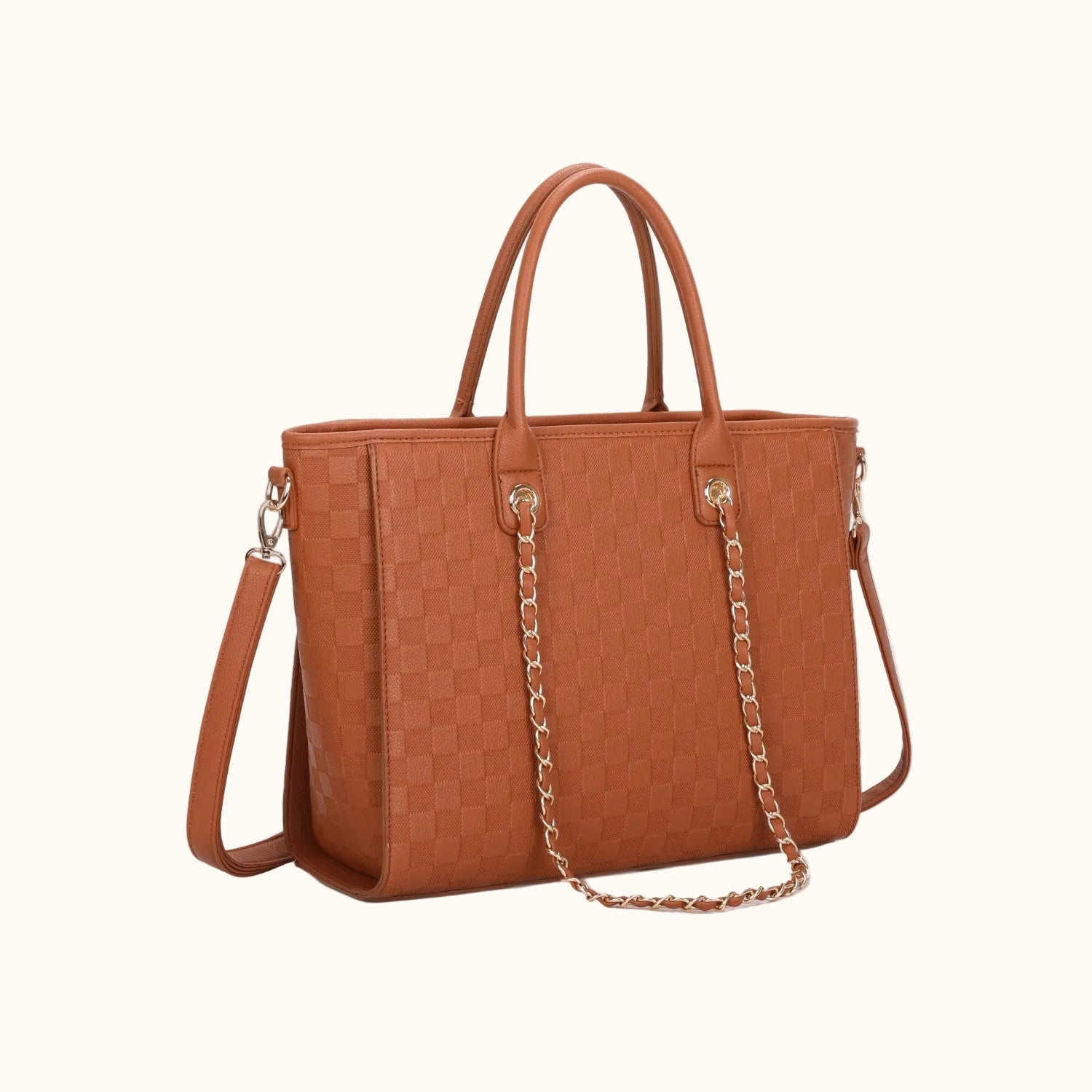Brown tote bag with chain detail on a white background
