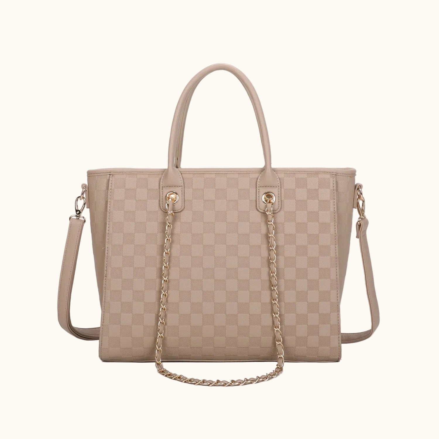 Beige checkered handbag with a chain detail on a white background