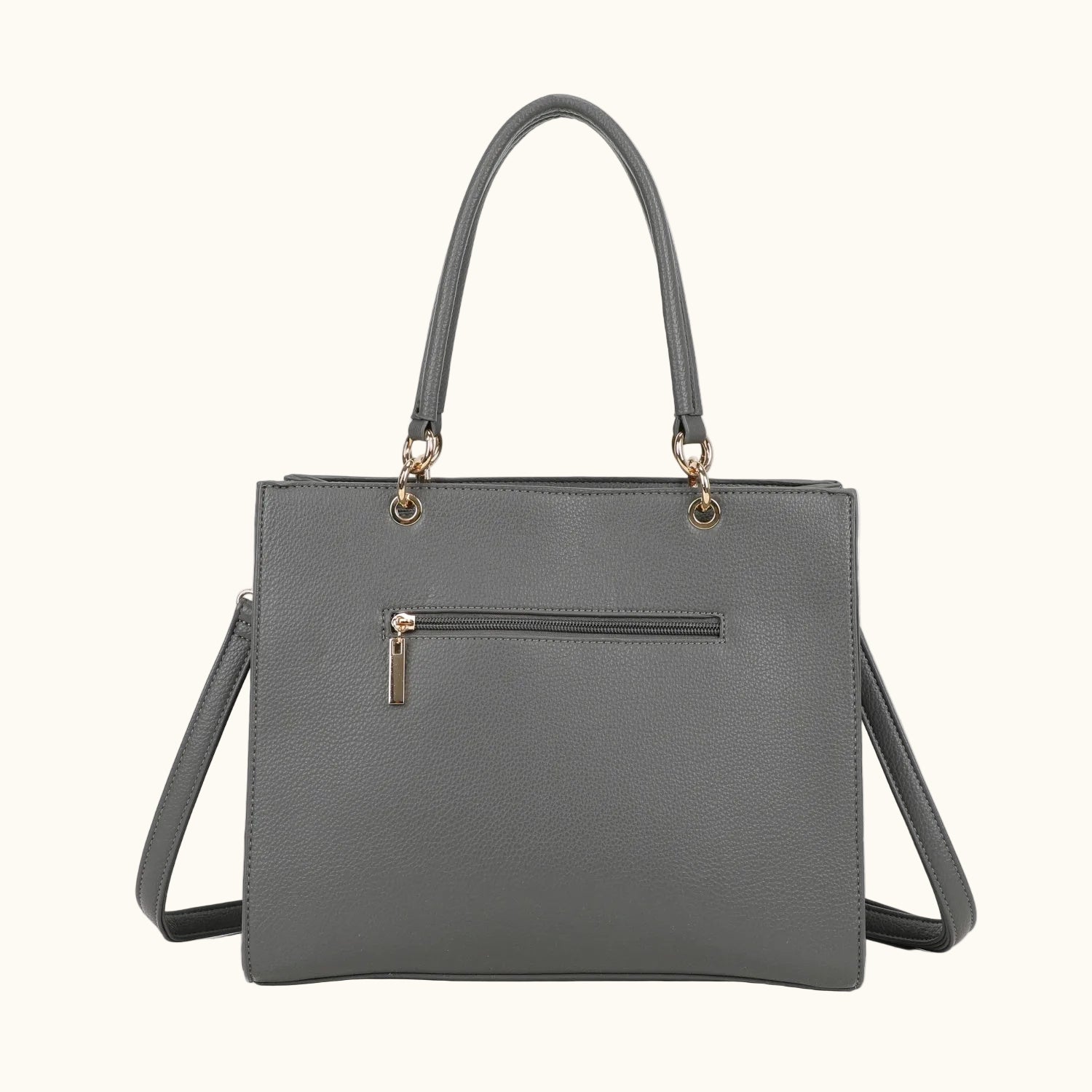 Gray handbag with a shoulder strap on a white background