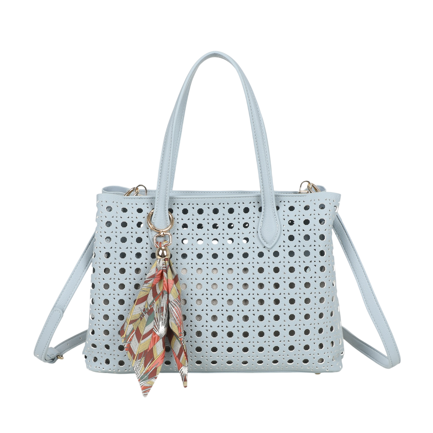 Light blue perforated handbag with a colorful scarf attached on a white background