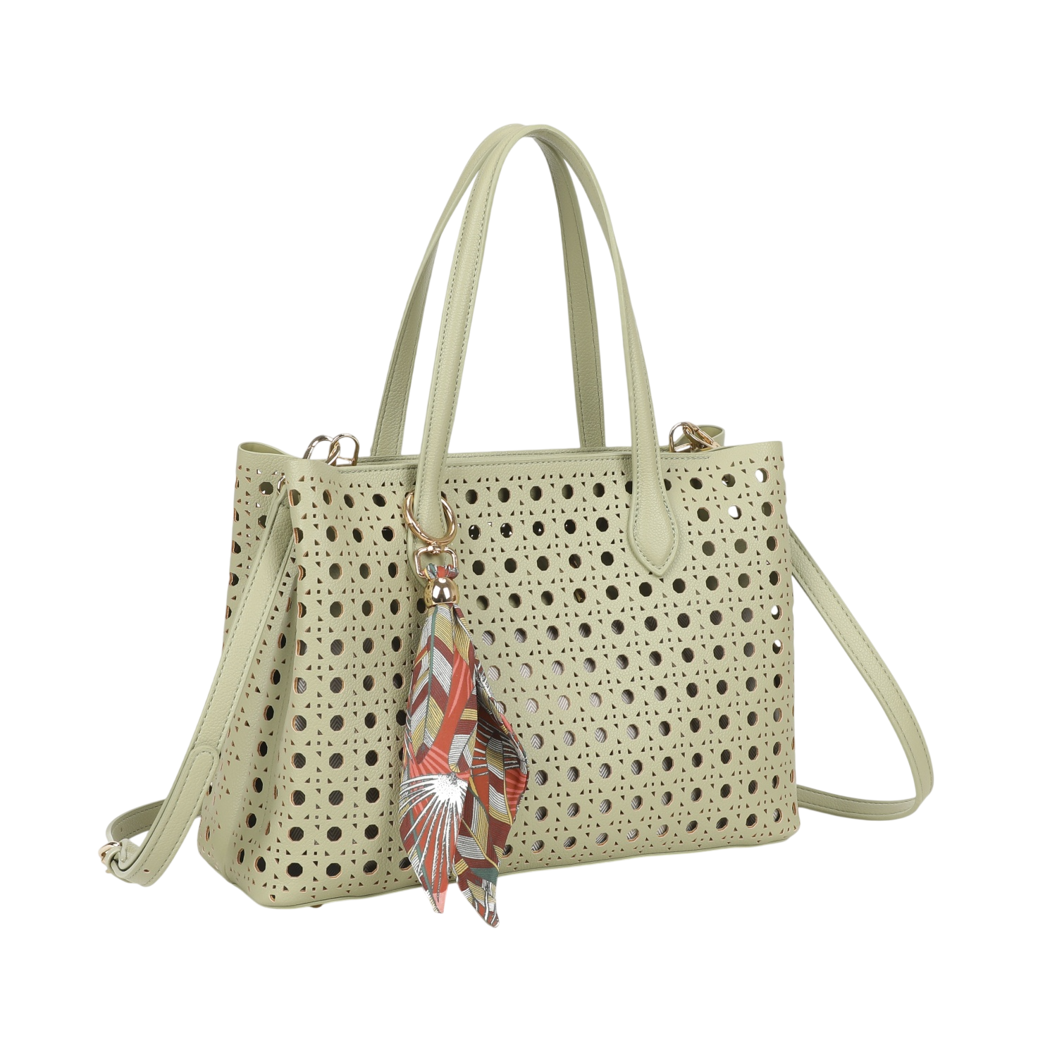 Light green handbag with a strap and decorative item on a white background