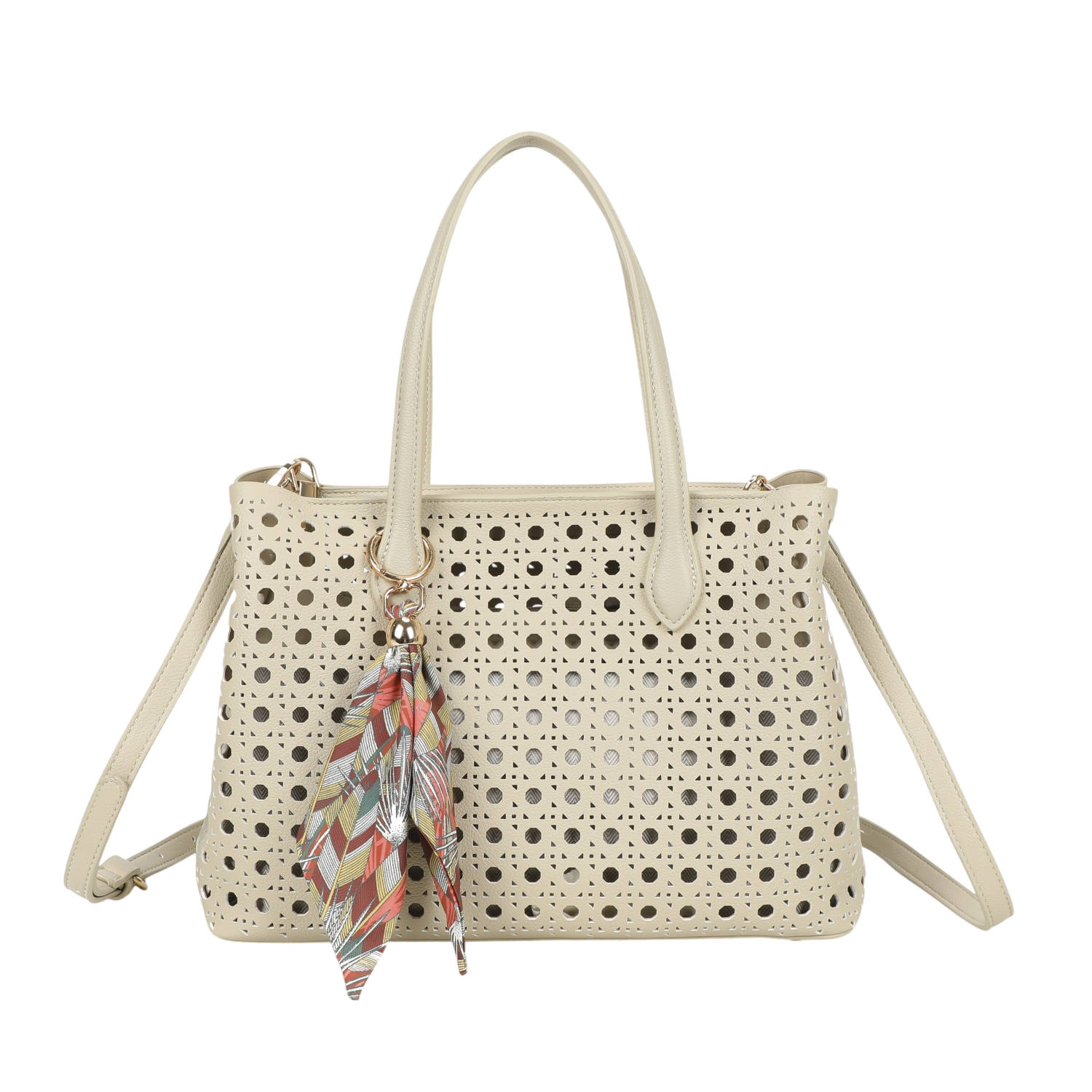 Beige handbag with a decorative strap on a white background
