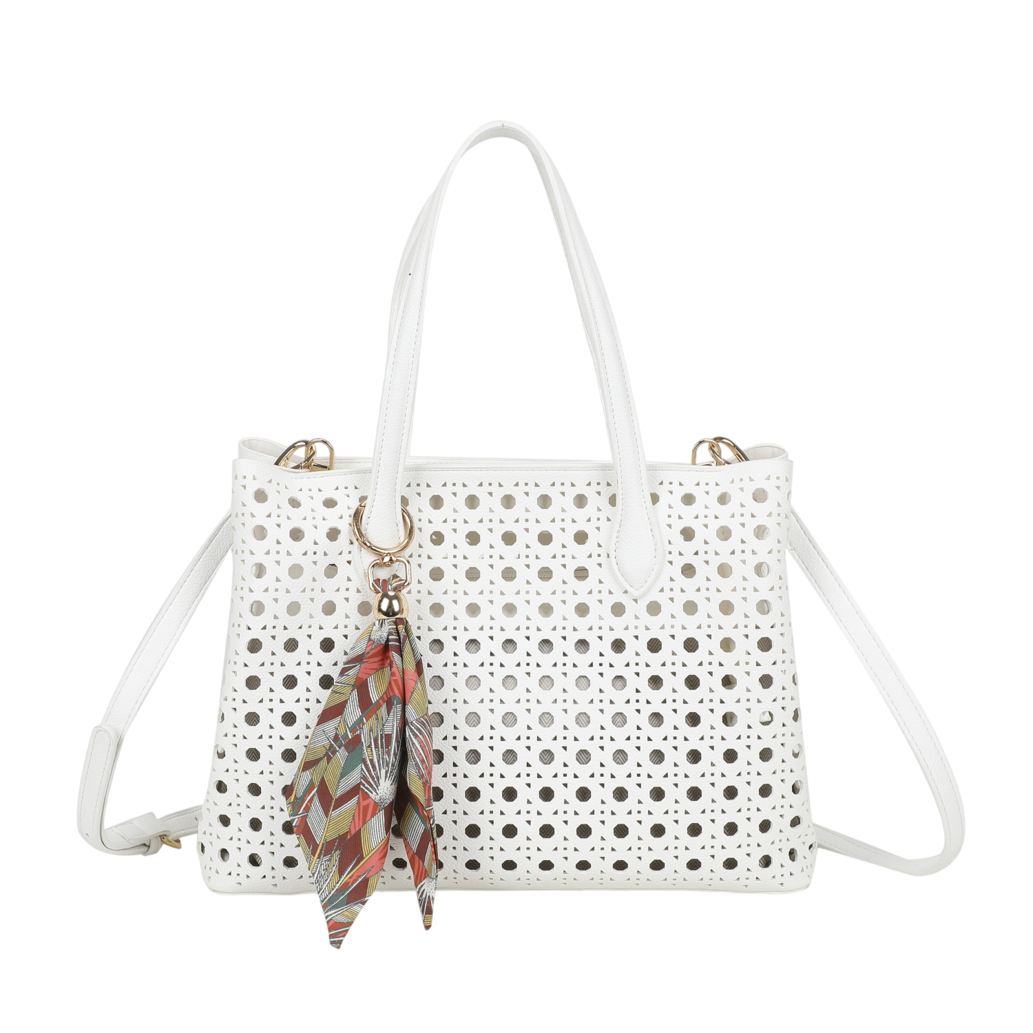 White perforated handbag with a decorative keychain on a white background