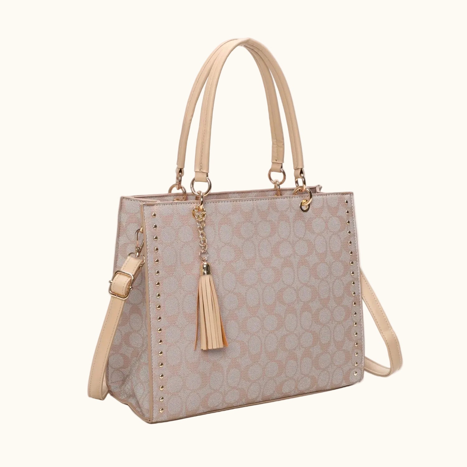 Beige handbag with a tassel on a white background