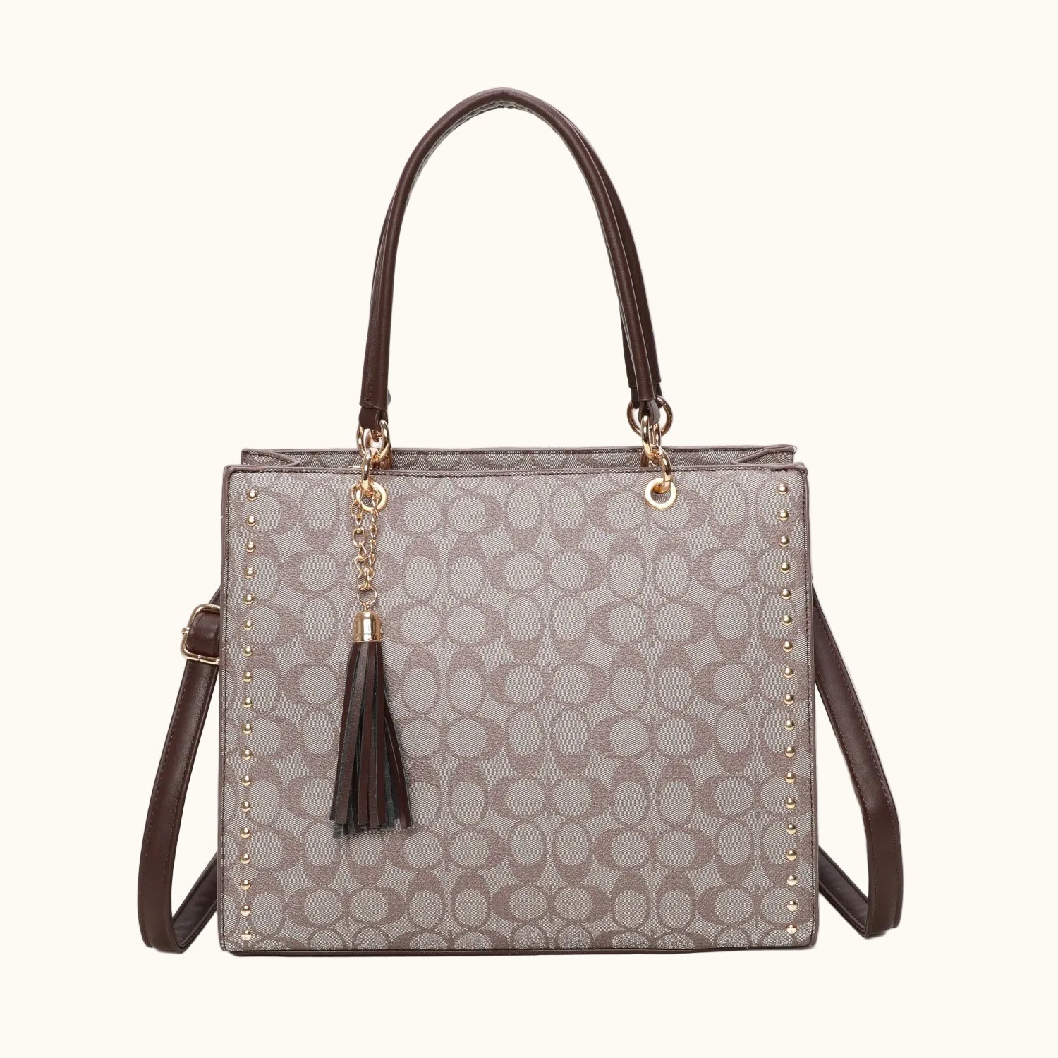 Handbag with a patterned design and brown accents on a white background
