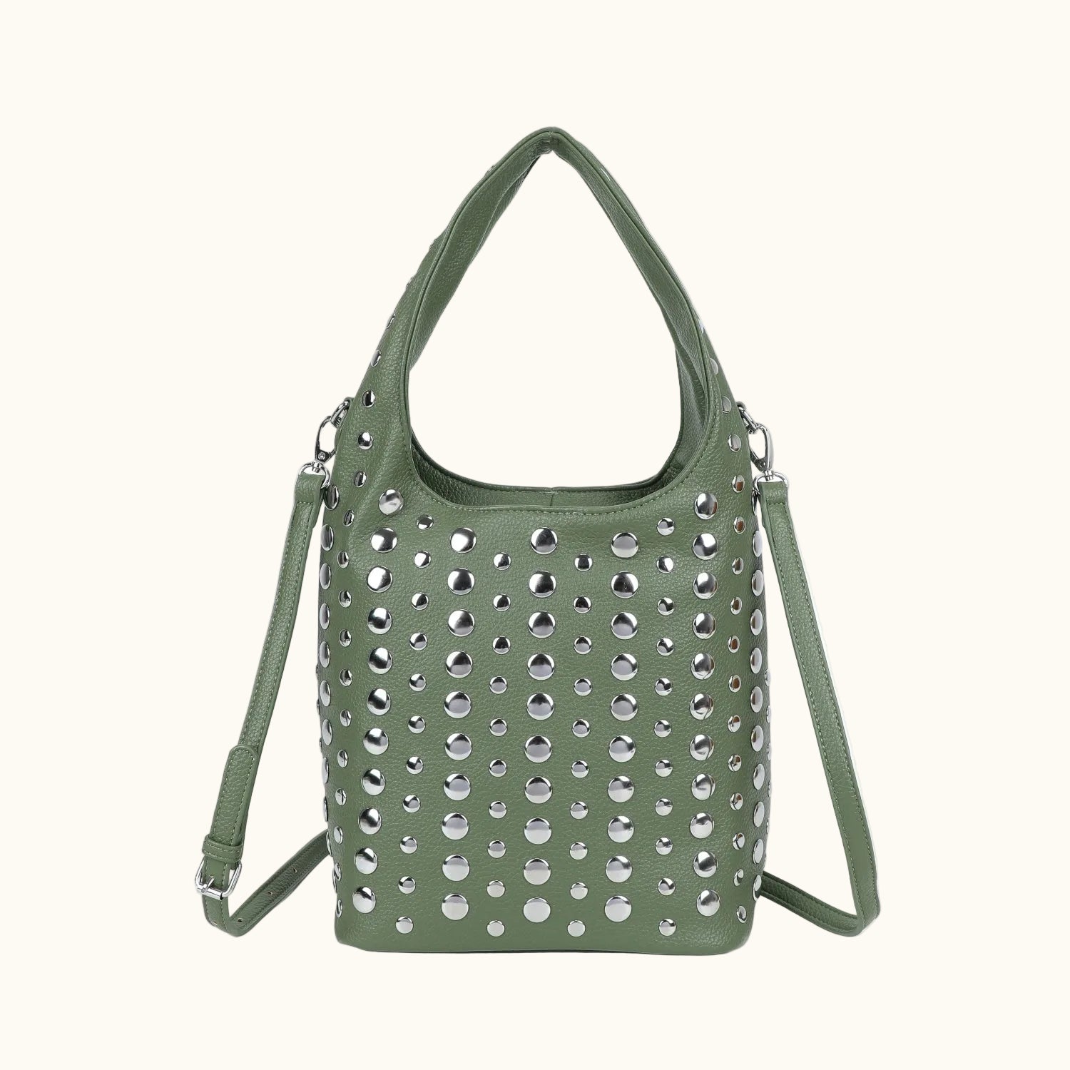 Green handbag with silver studs on a white background