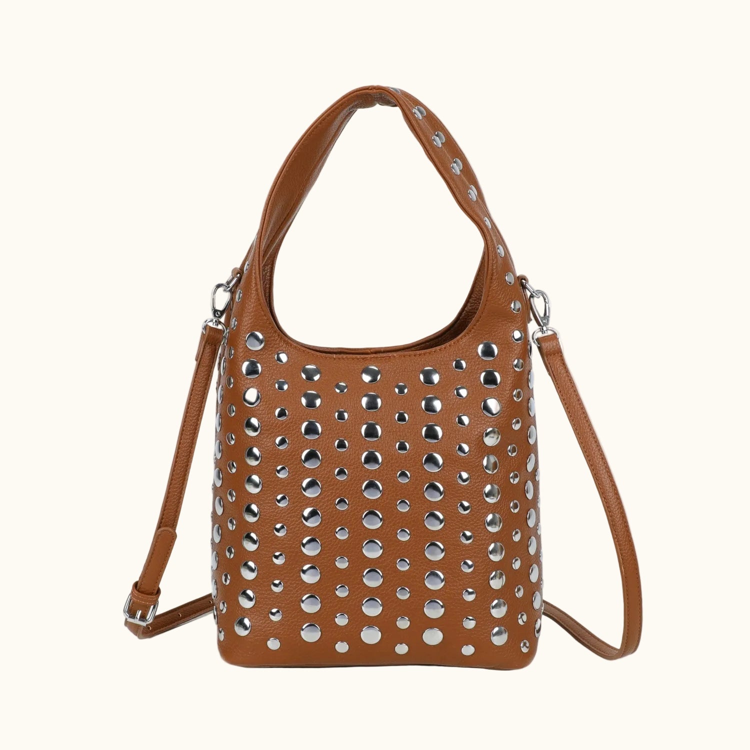 Brown handbag with silver studs on a white background