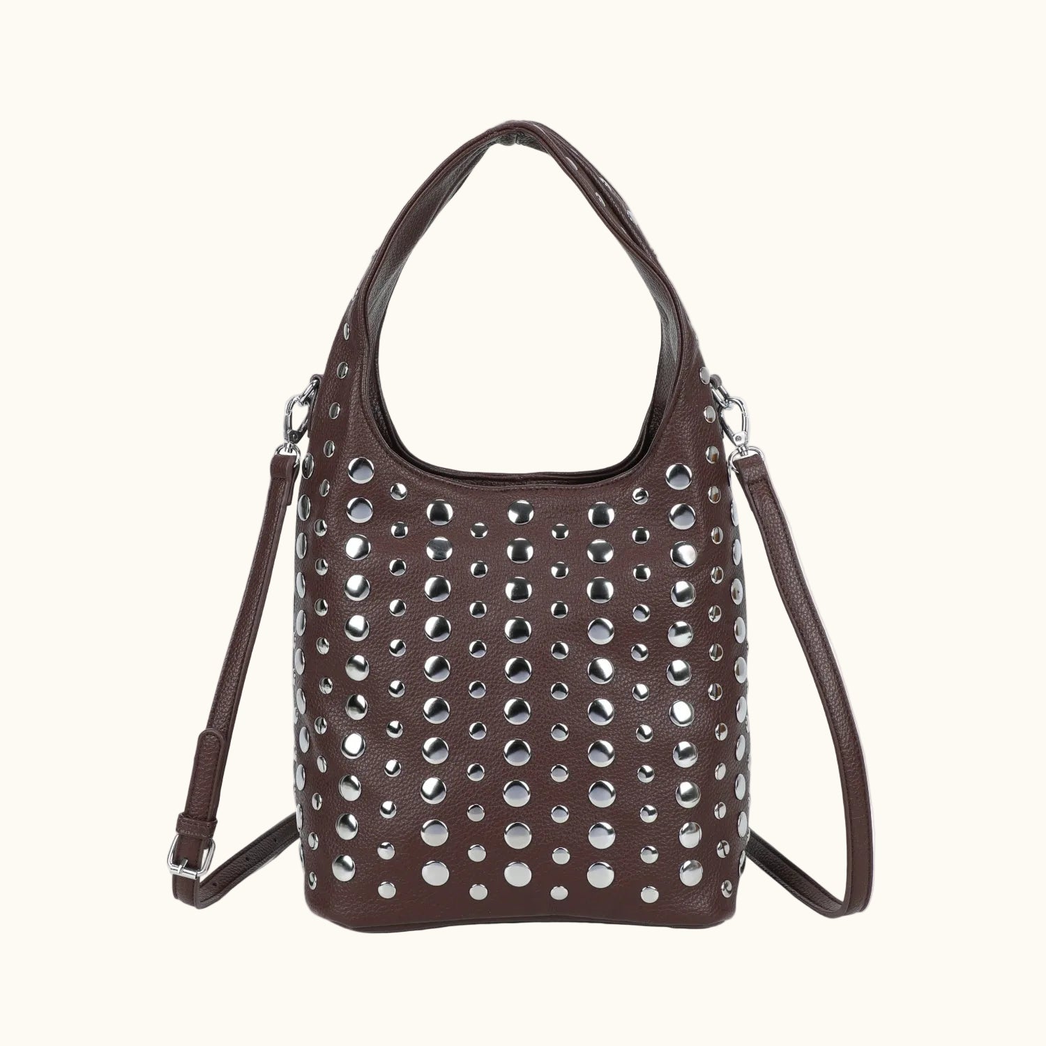Brown handbag with silver studs on a white background