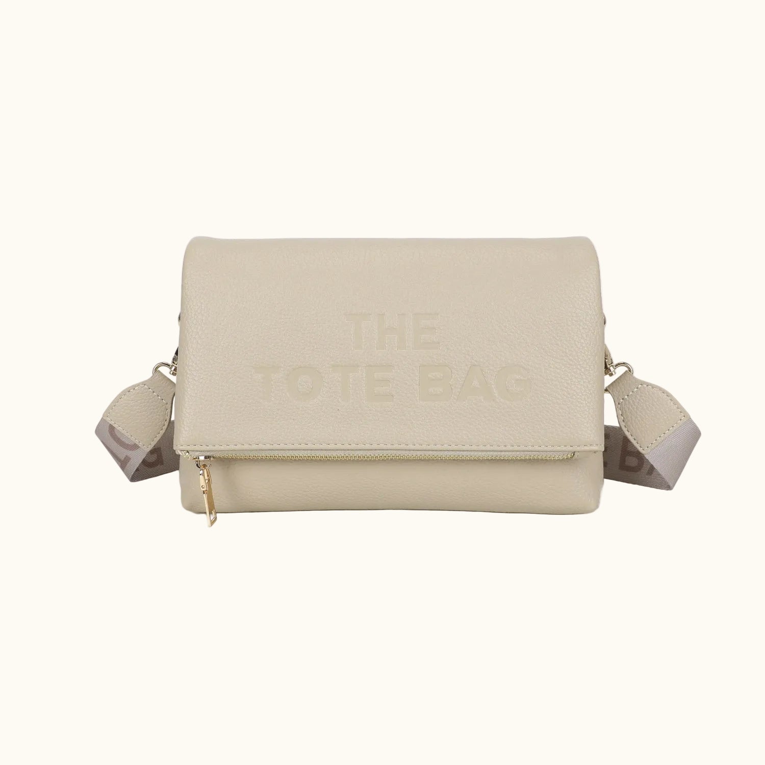 Beige handbag with 'The Date Bag' text on a white background