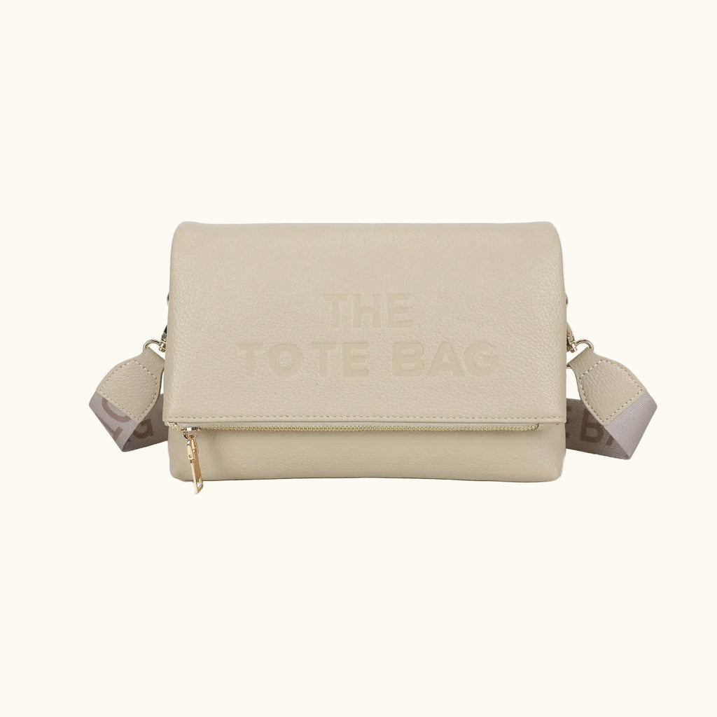 Beige handbag with 'The Date Bag' text on a white background