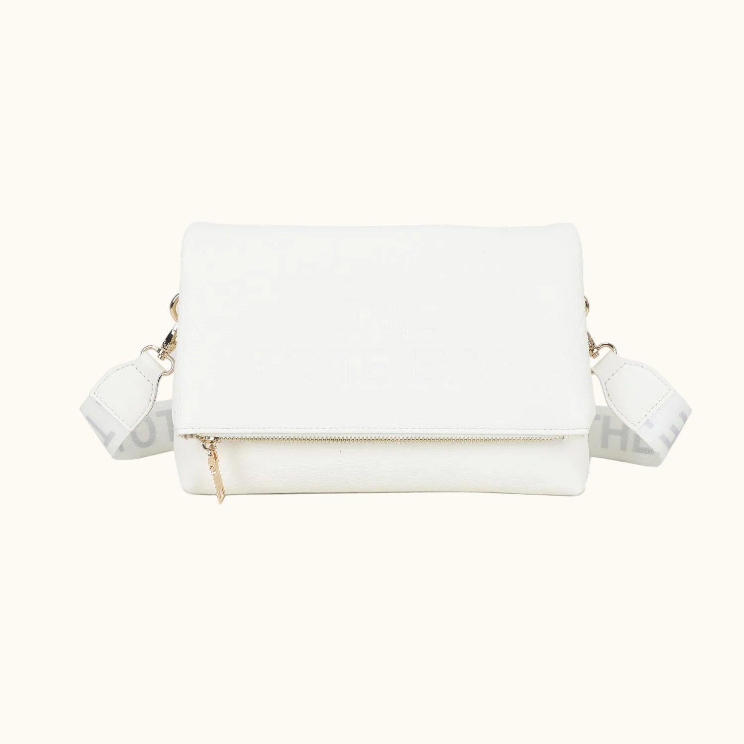 White handbag with gold accents on a white background