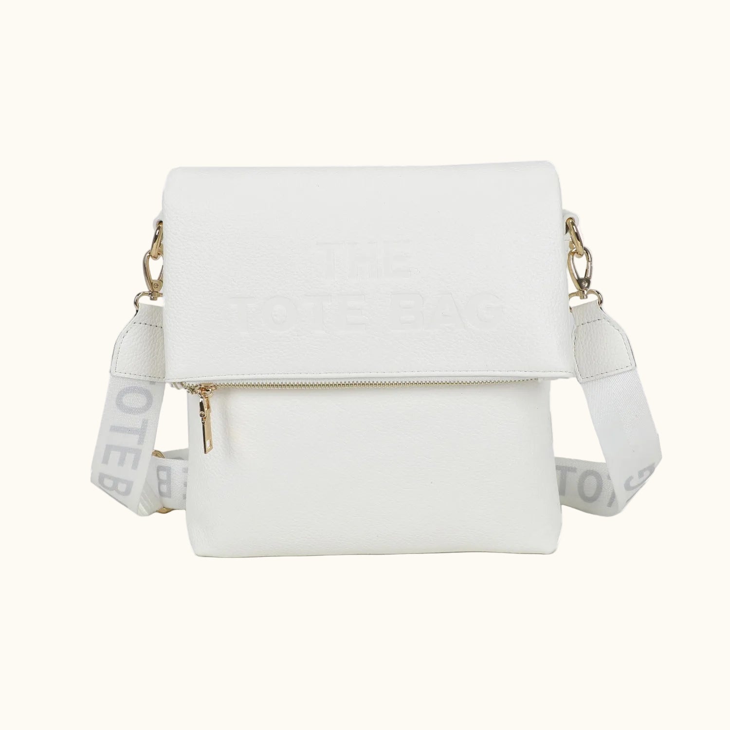 White backpack with gold zippers on a white background
