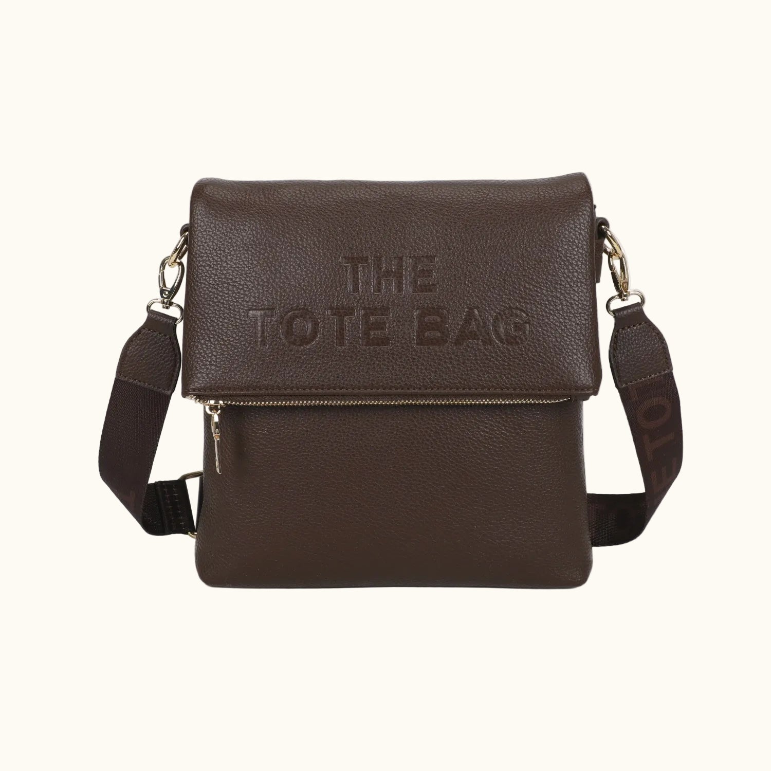 Brown tote bag with 'THE TOTE BAG' text on a white background
