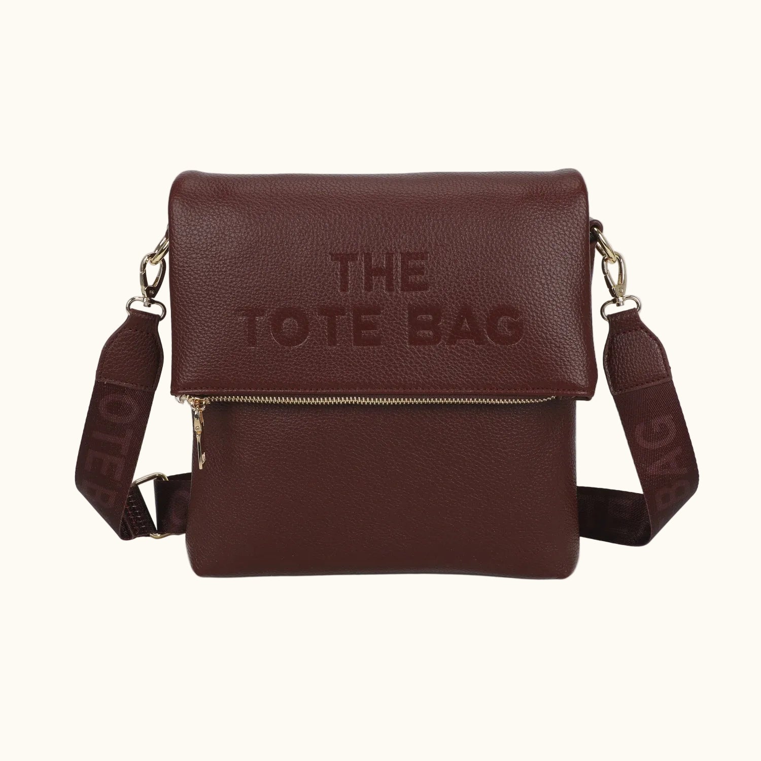 Brown tote bag with 'THE TOTE BAG' text on a white background
