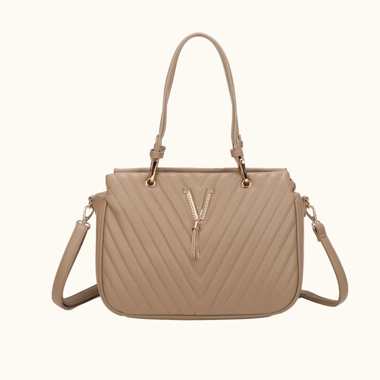 Beige handbag with a decorative 'V' logo on a white background