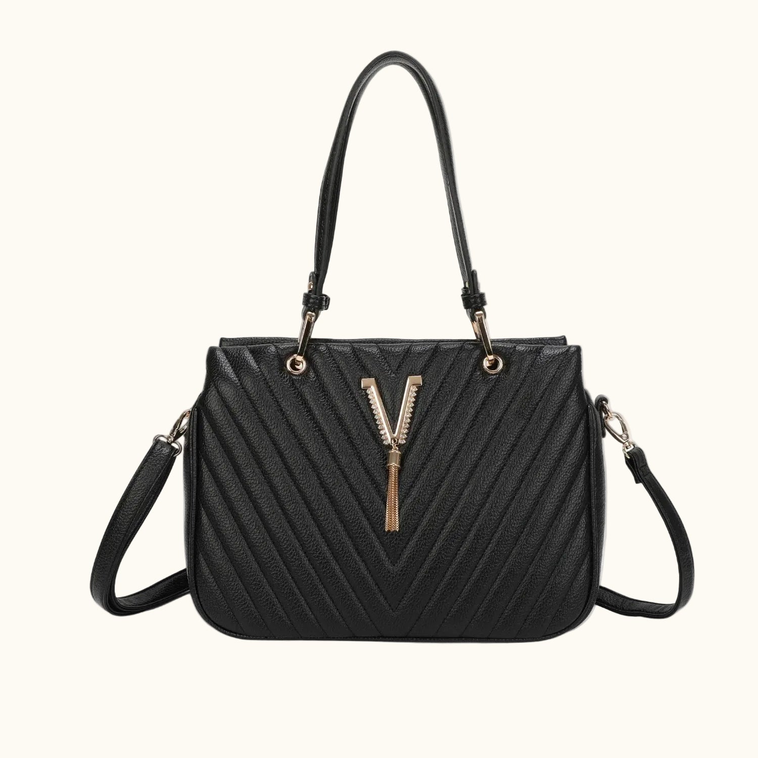 Black handbag with a gold zipper on a white background