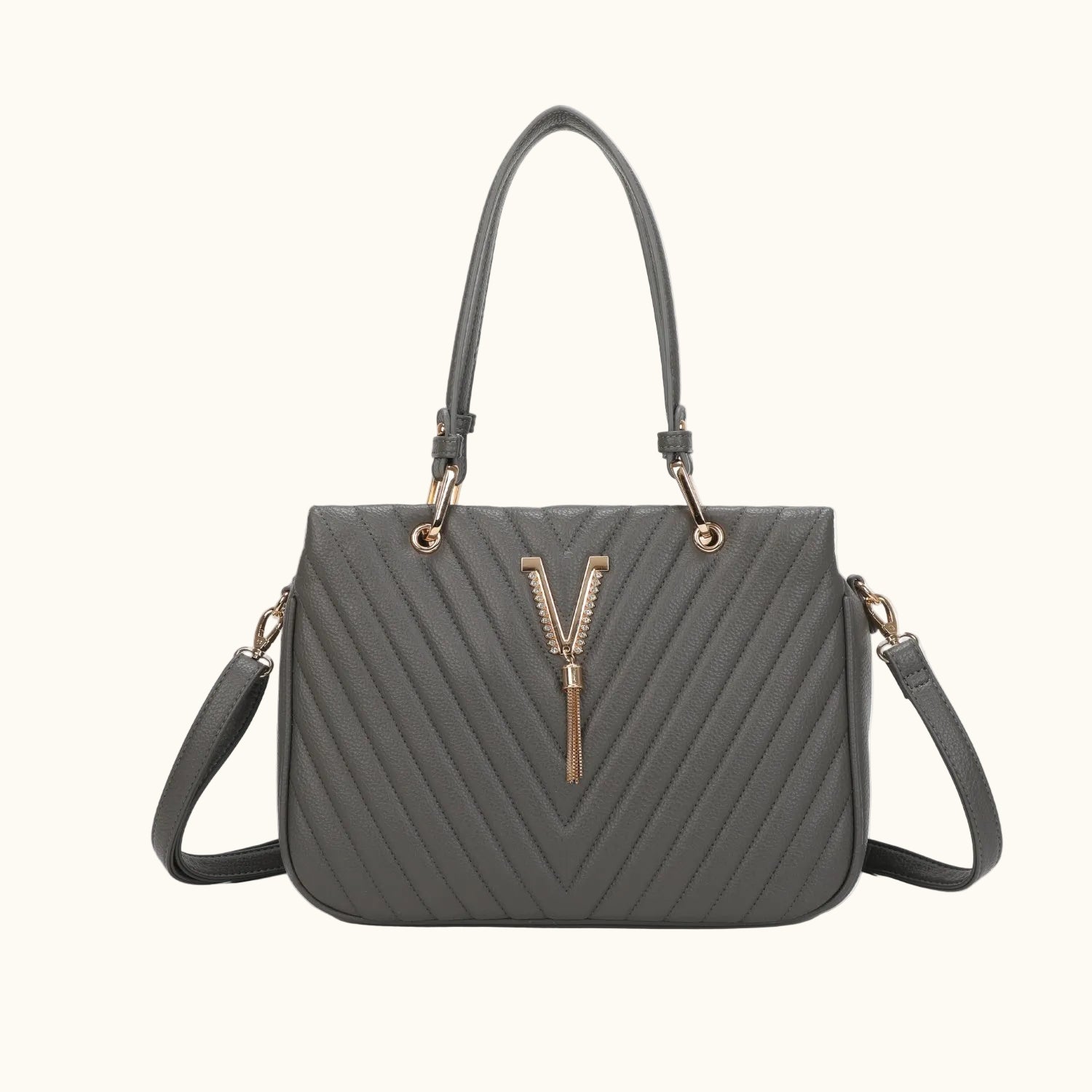 Gray handbag with a gold zipper detail on a white background