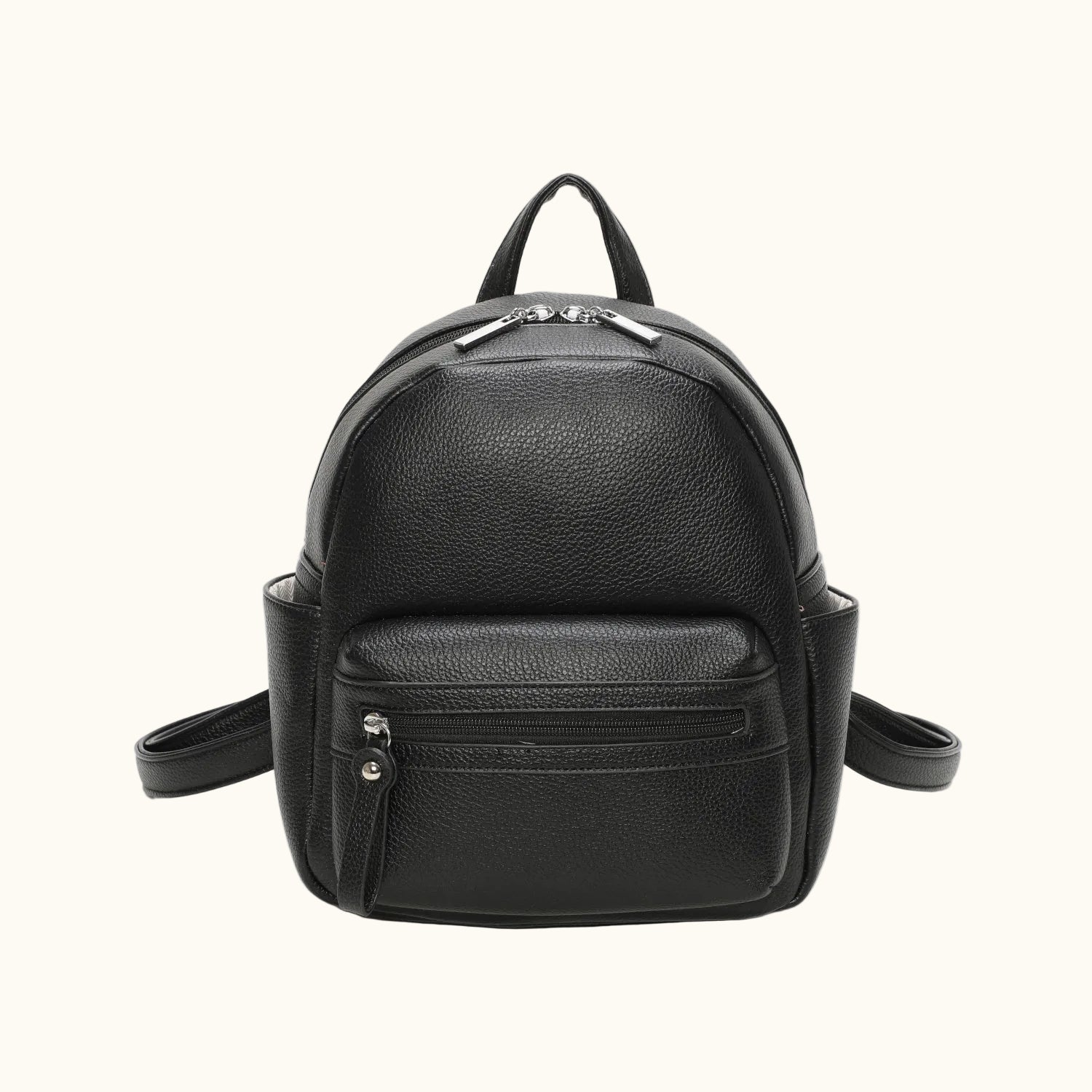 Black leather backpack on a white background