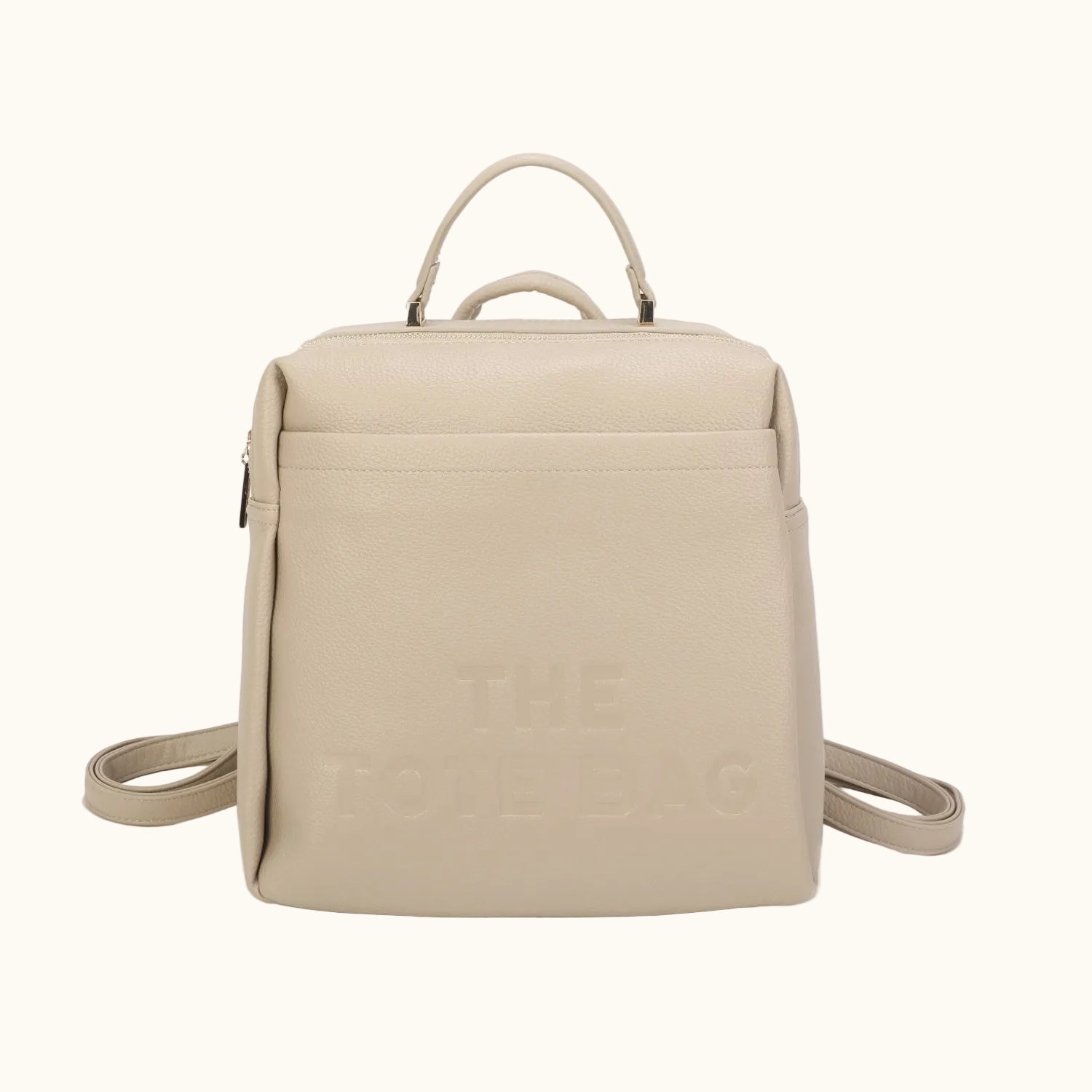 Beige backpack with a strap on a white background