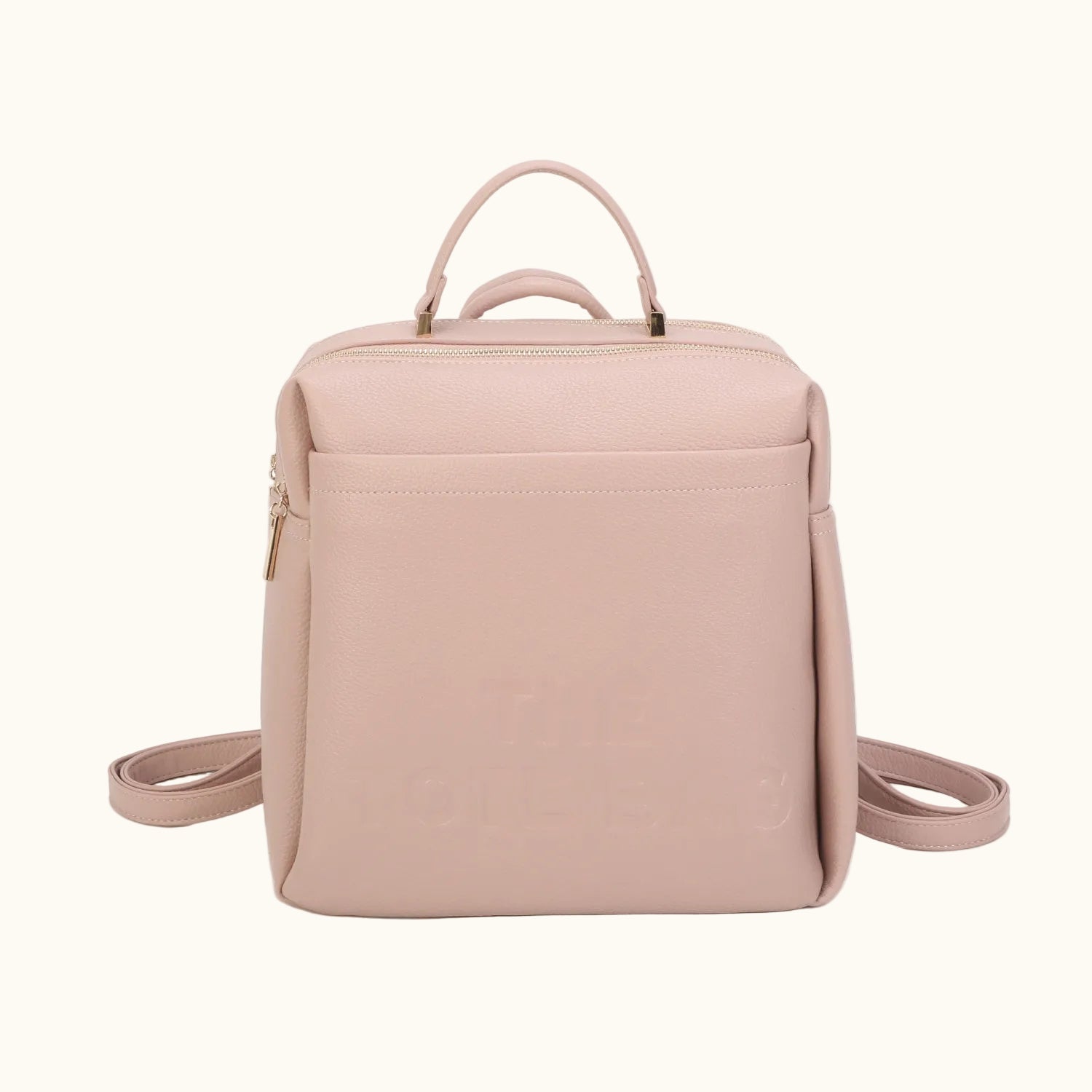 Pink backpack with a shoulder strap on a white background
