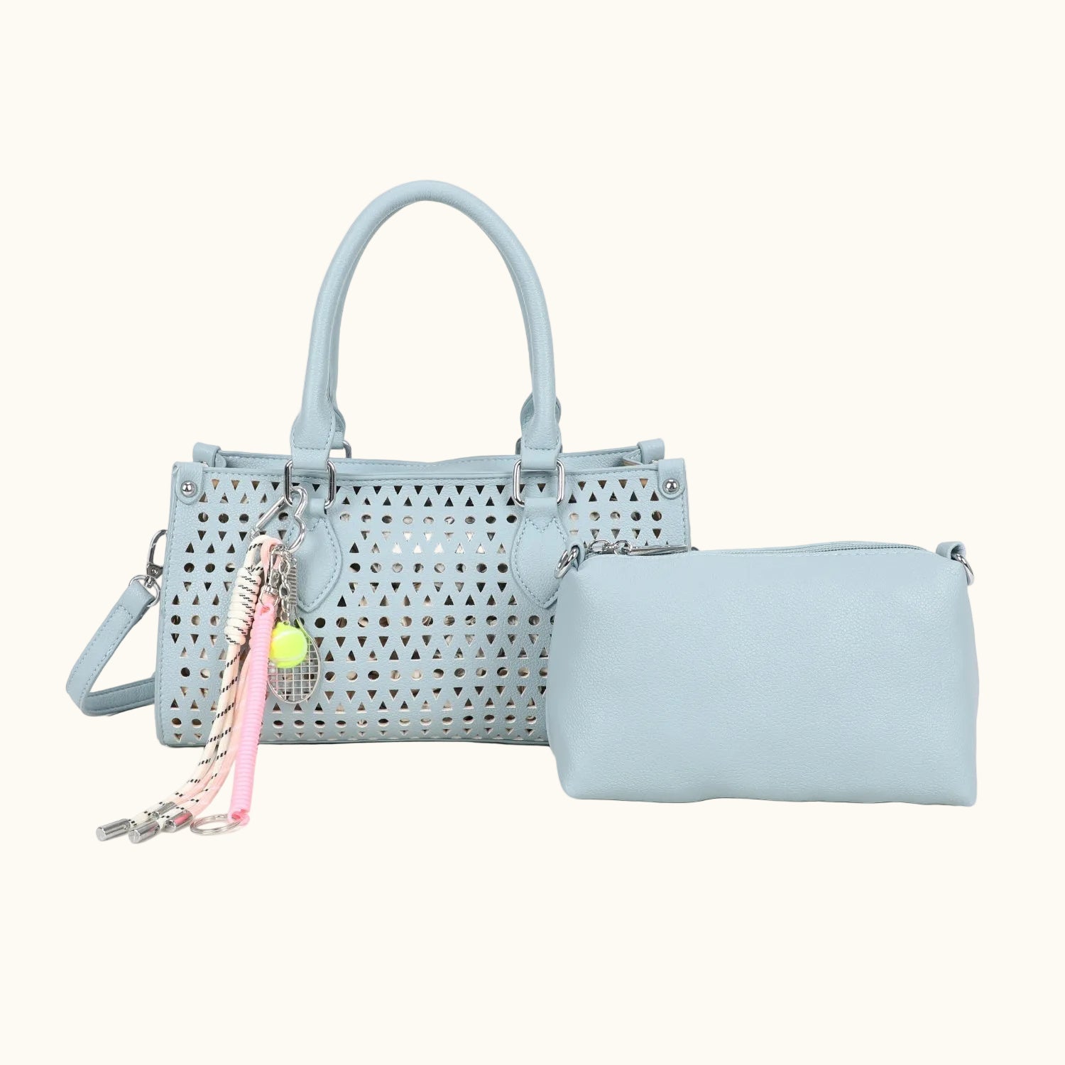 Light blue handbag with matching pouch on a white background