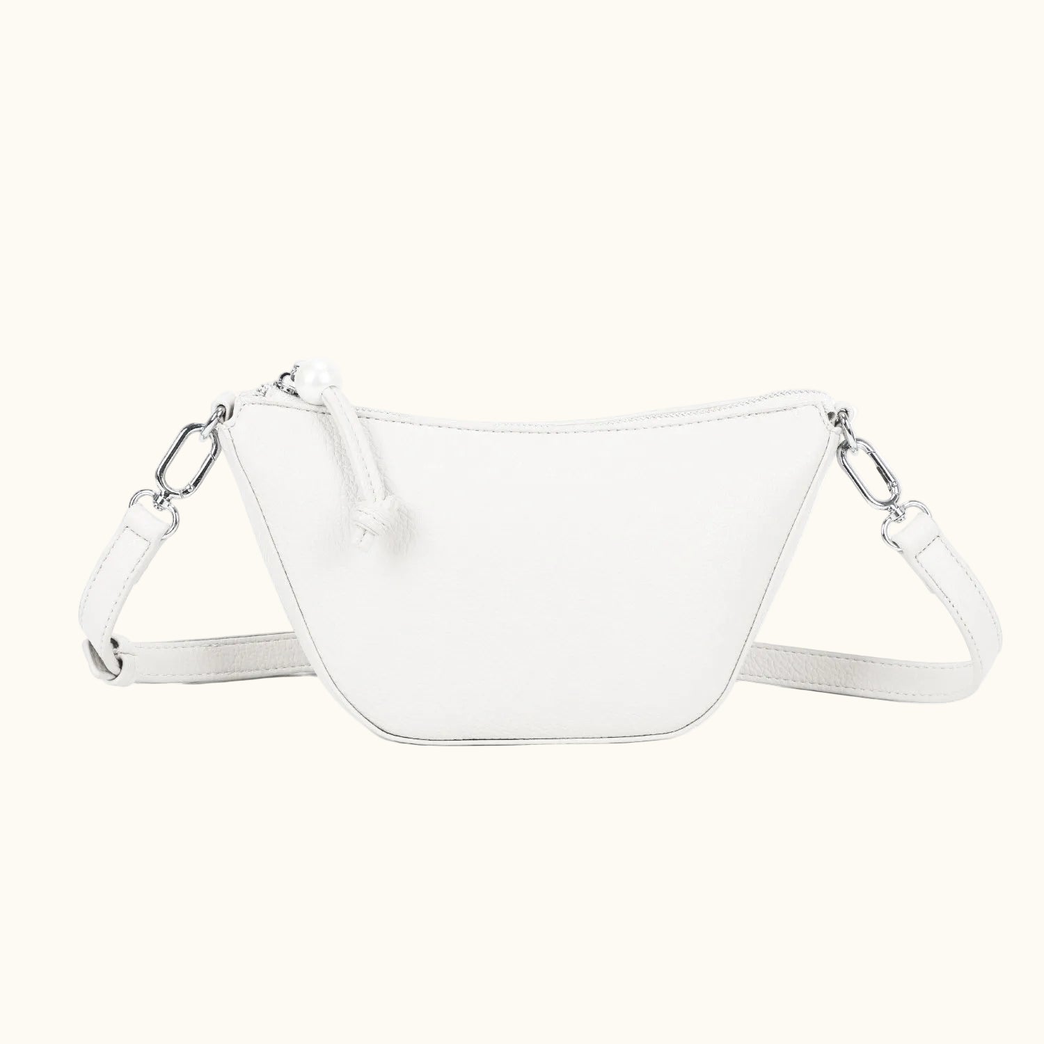 White handbag with chain details on a white background