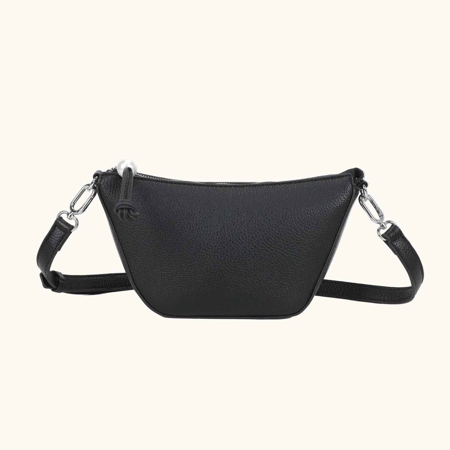 Black leather crossbody bag on a white background