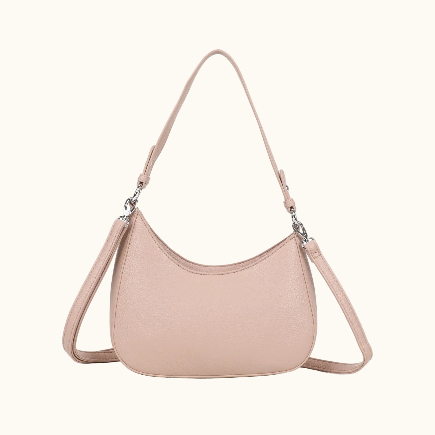 Beige handbag with a shoulder strap on a white background