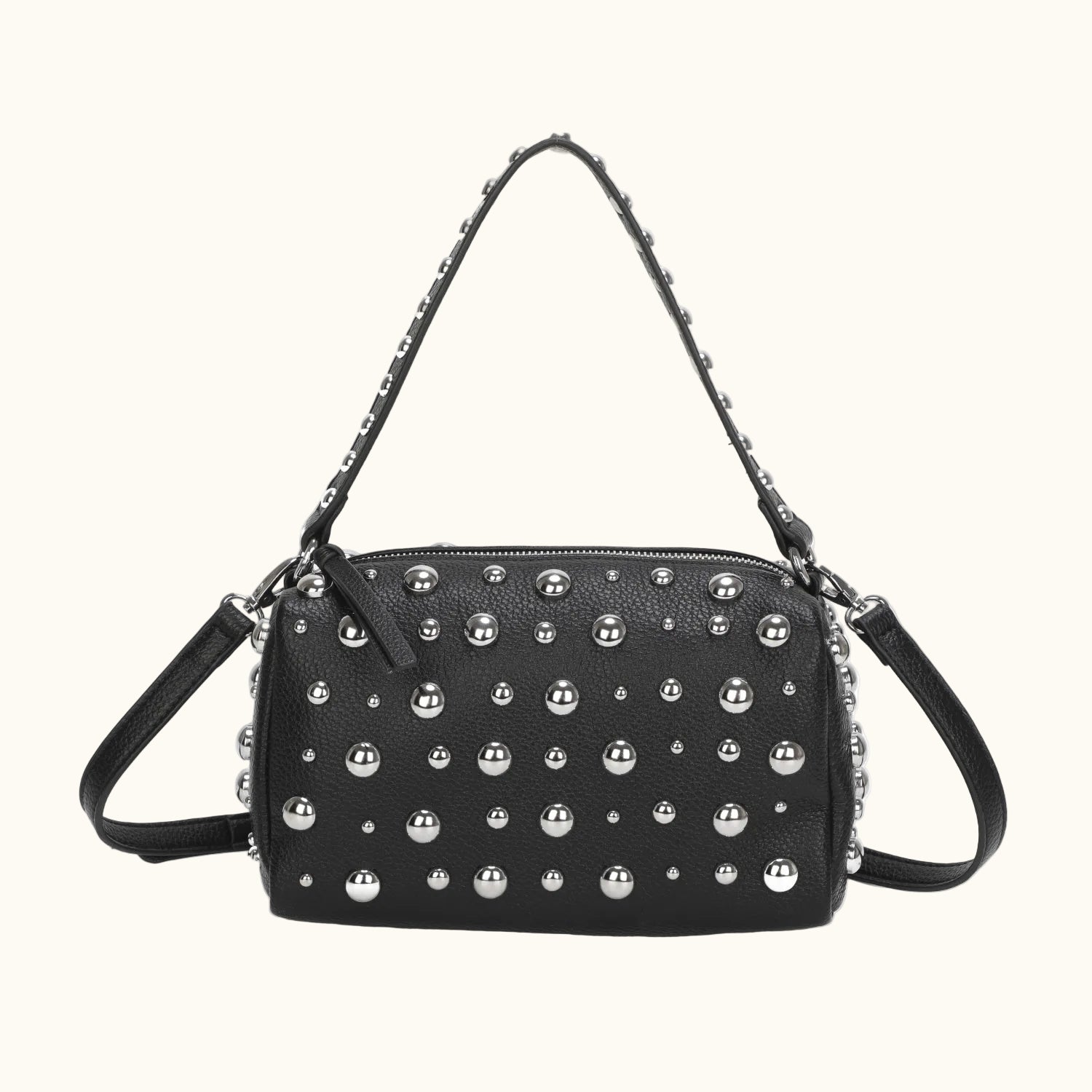 Black handbag with silver studs on a white background