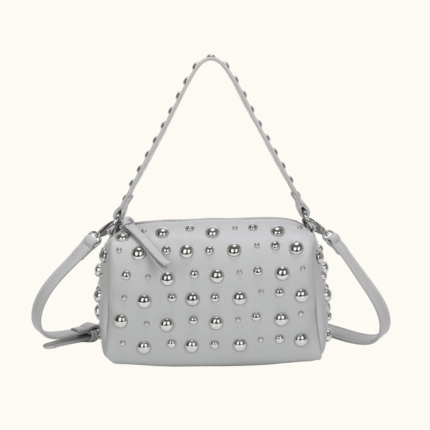 Gray handbag with silver bead embellishments on a white background