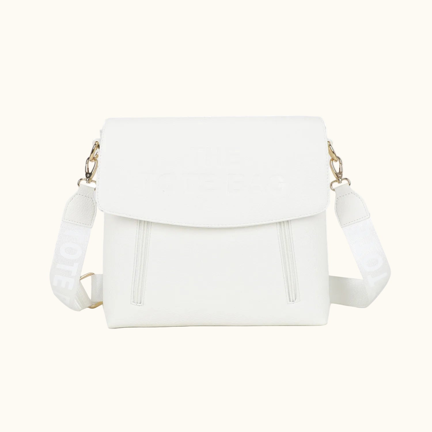 White handbag with gold accents on a white background