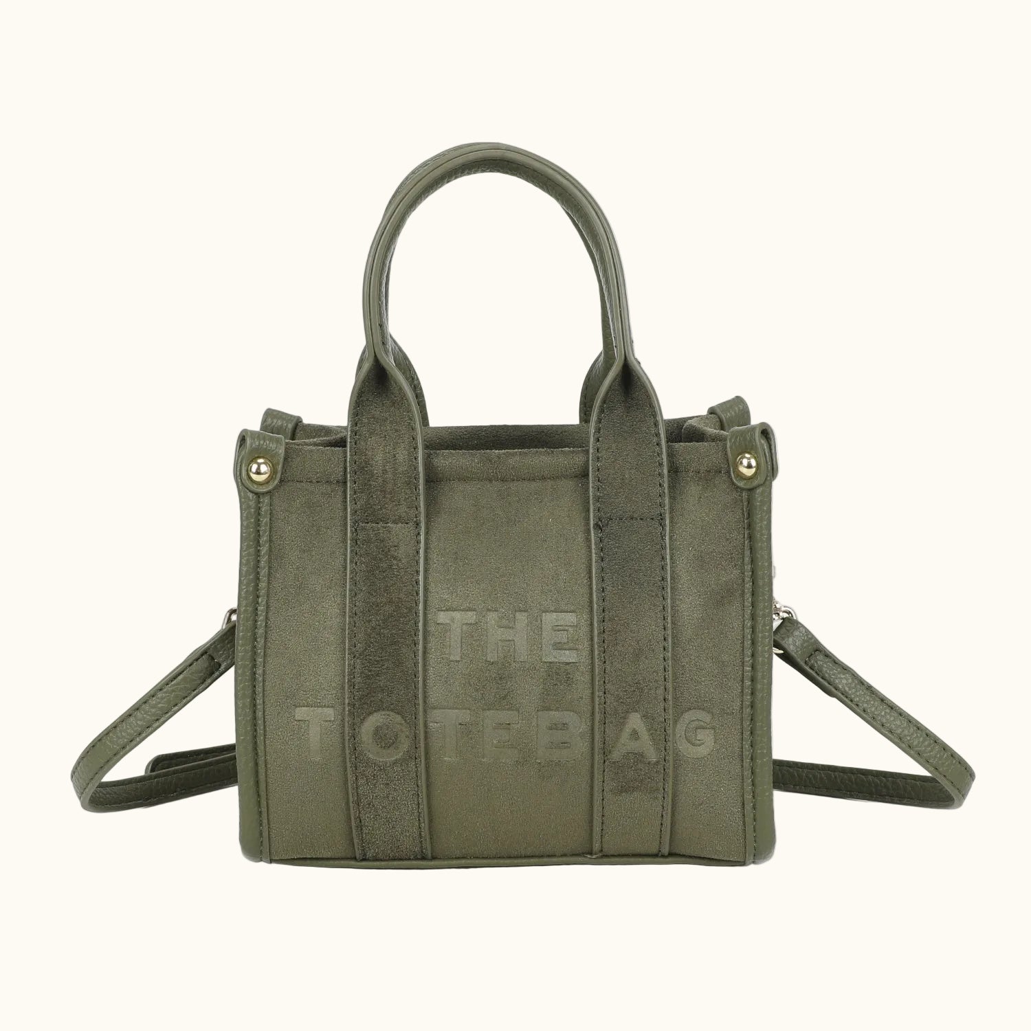 Green tote bag with 'THE TOTEBAG' text on a white background