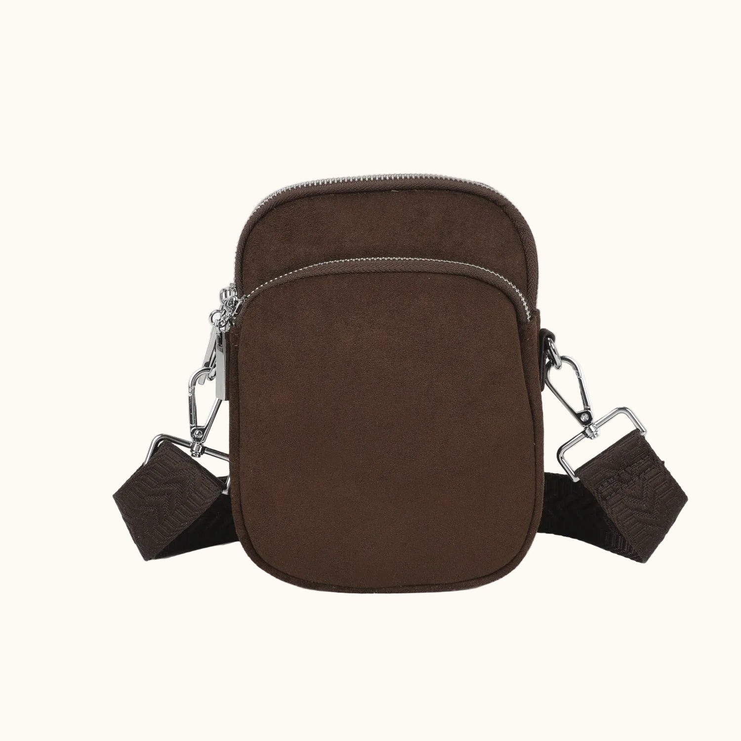 Brown crossbody bag with a strap on a white background