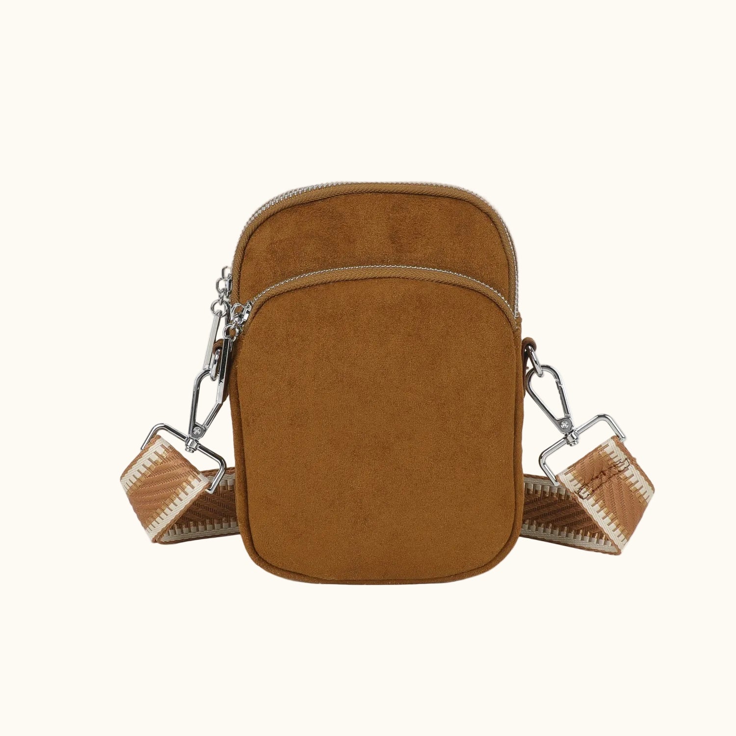 Brown crossbody bag with a strap on a white background