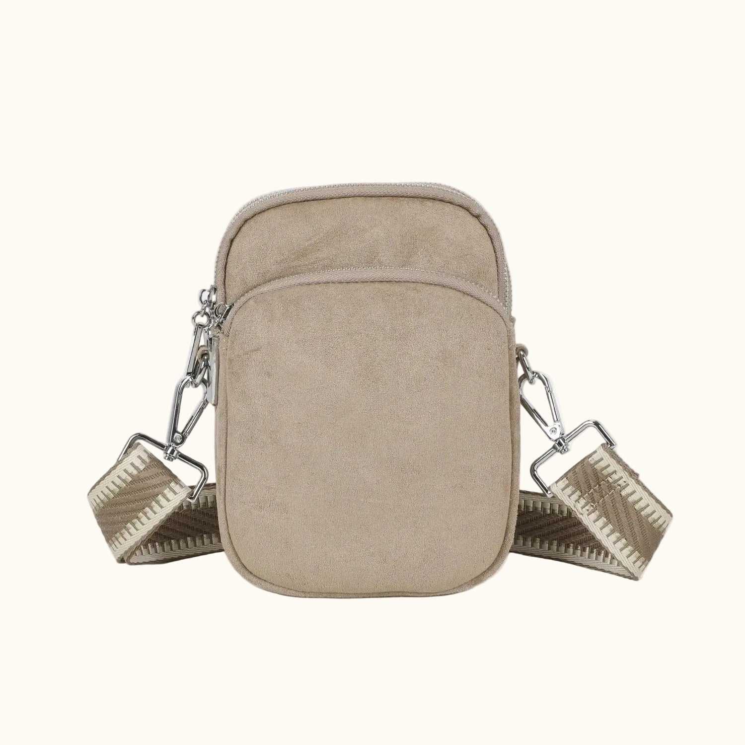 Beige crossbody bag with chain details on a white background
