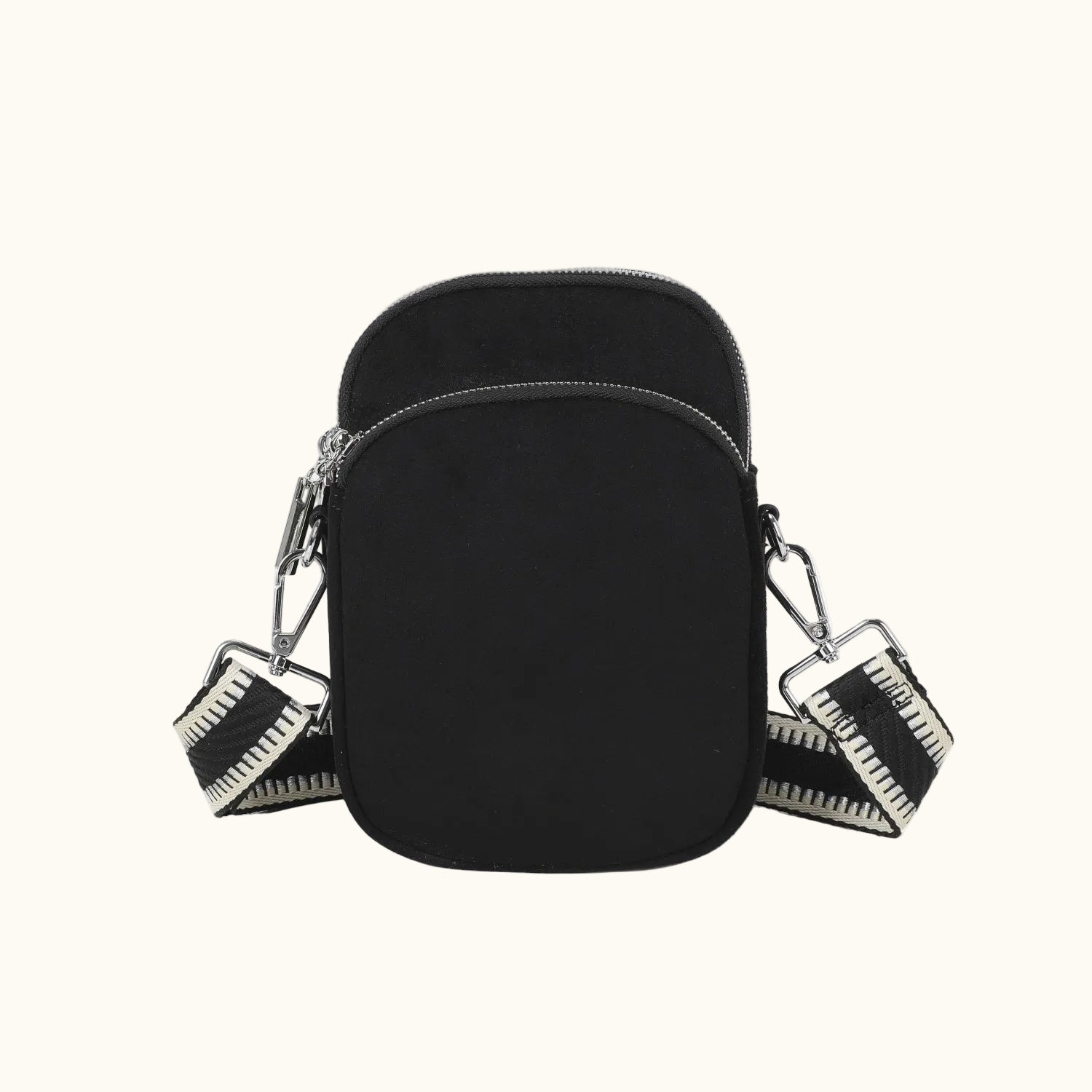 Black crossbody bag with a chain strap on a white background