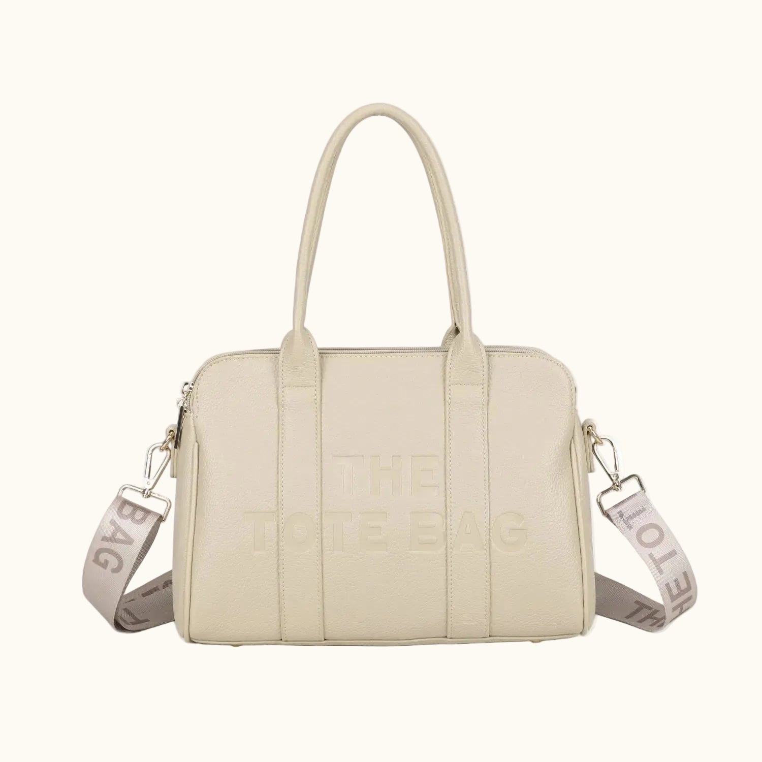 Beige handbag with a strap on a white background