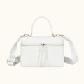White handbag with a strap featuring text on a white background