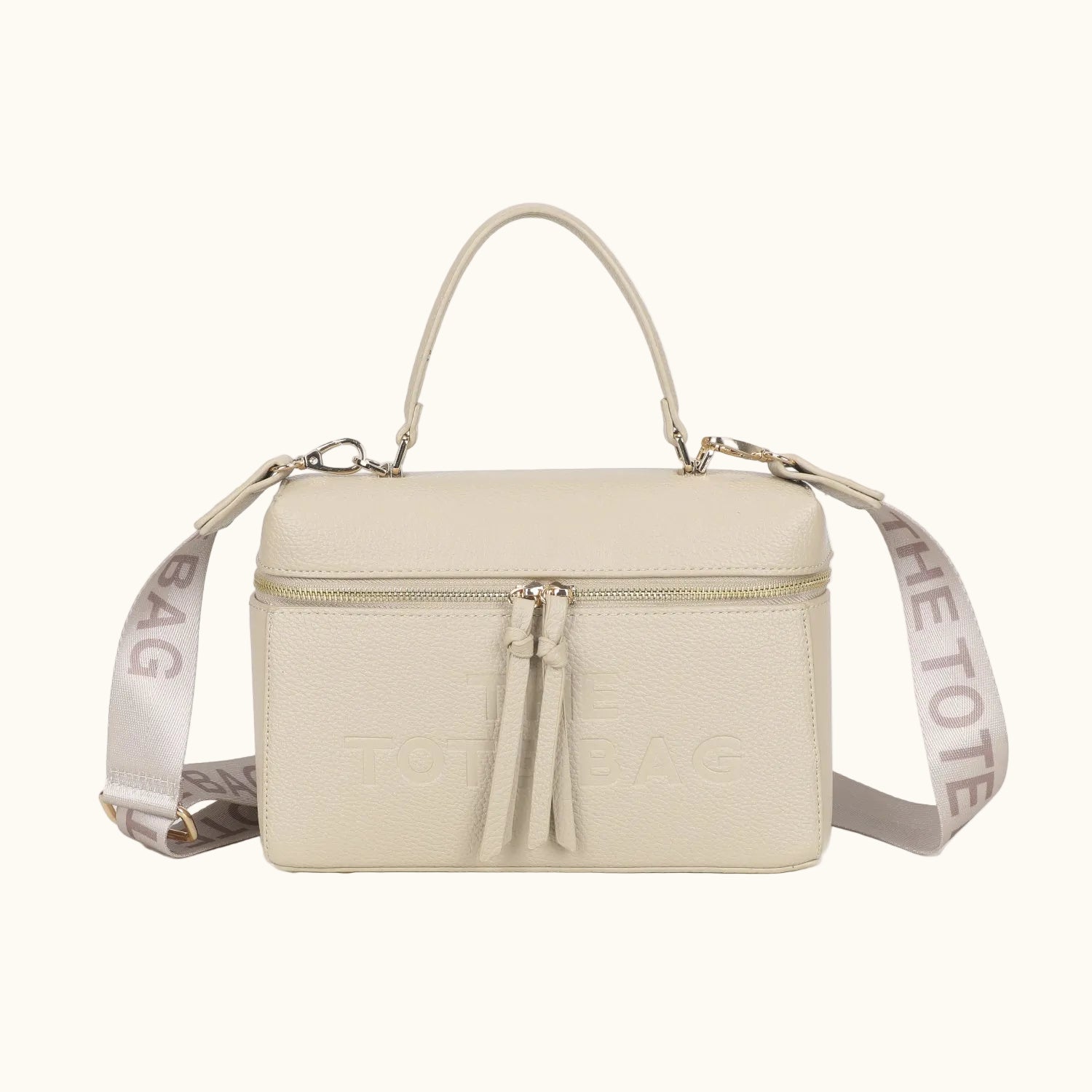 Beige handbag with a strap on a white background