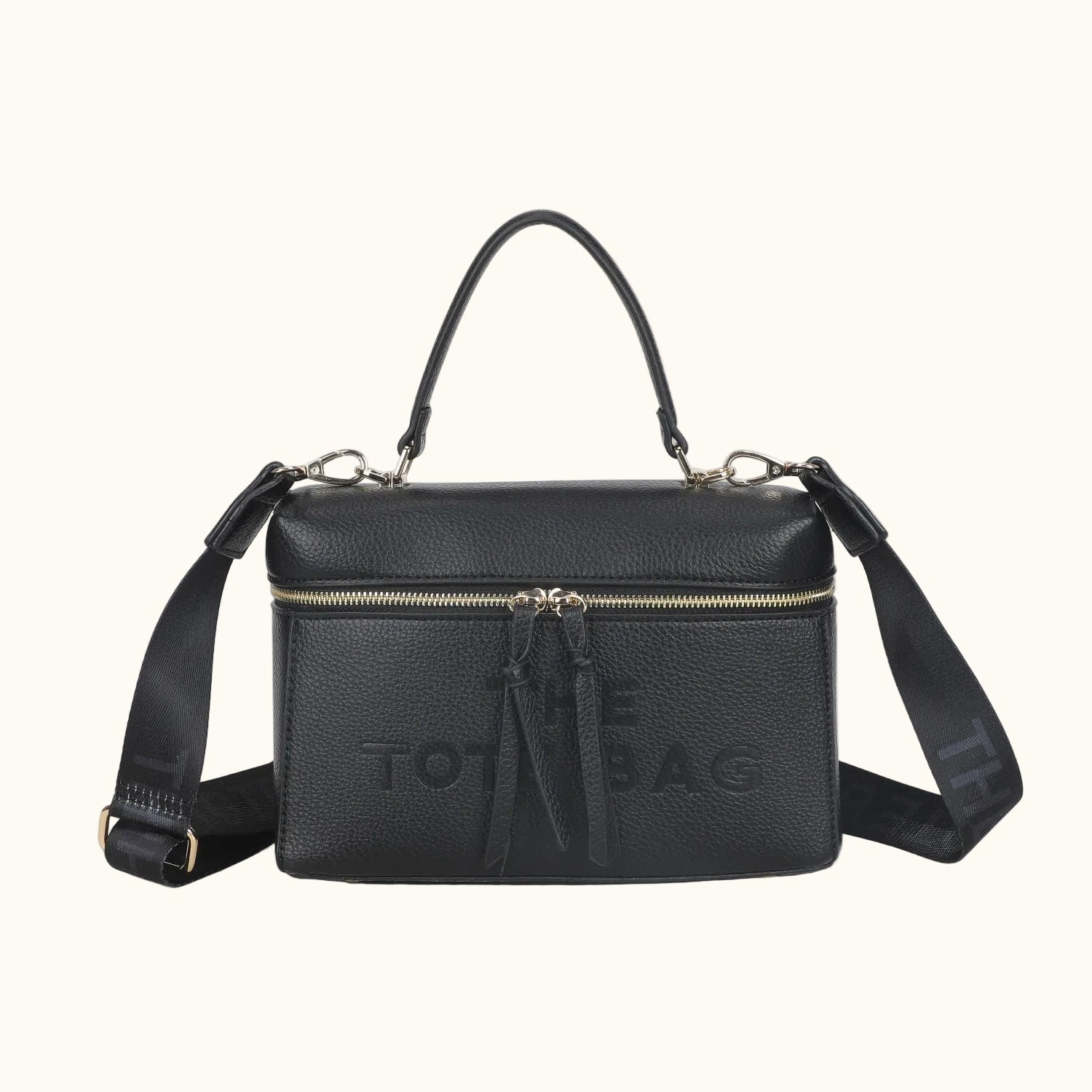 Black handbag with a strap on a white background