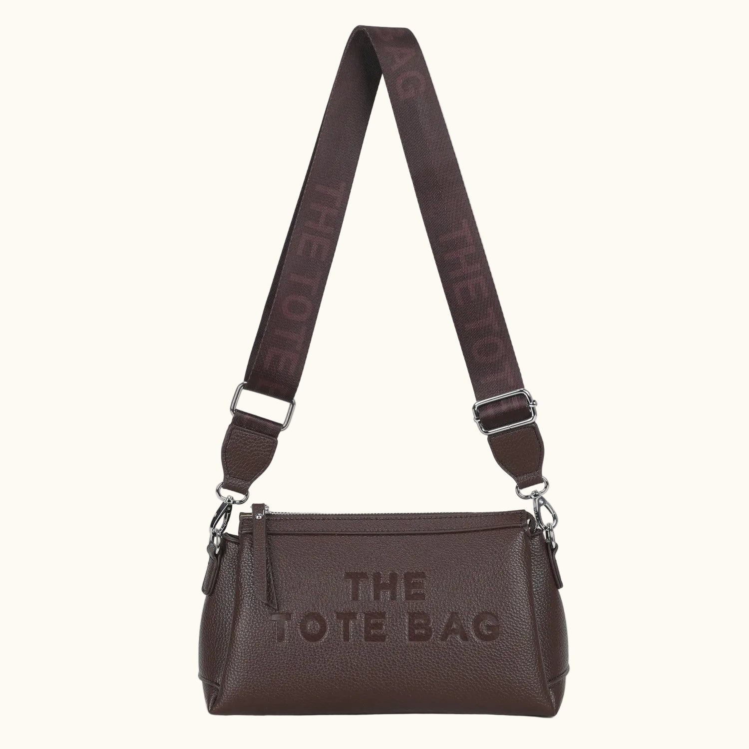 Brown tote bag with 'The Tote Bag' text on a white background