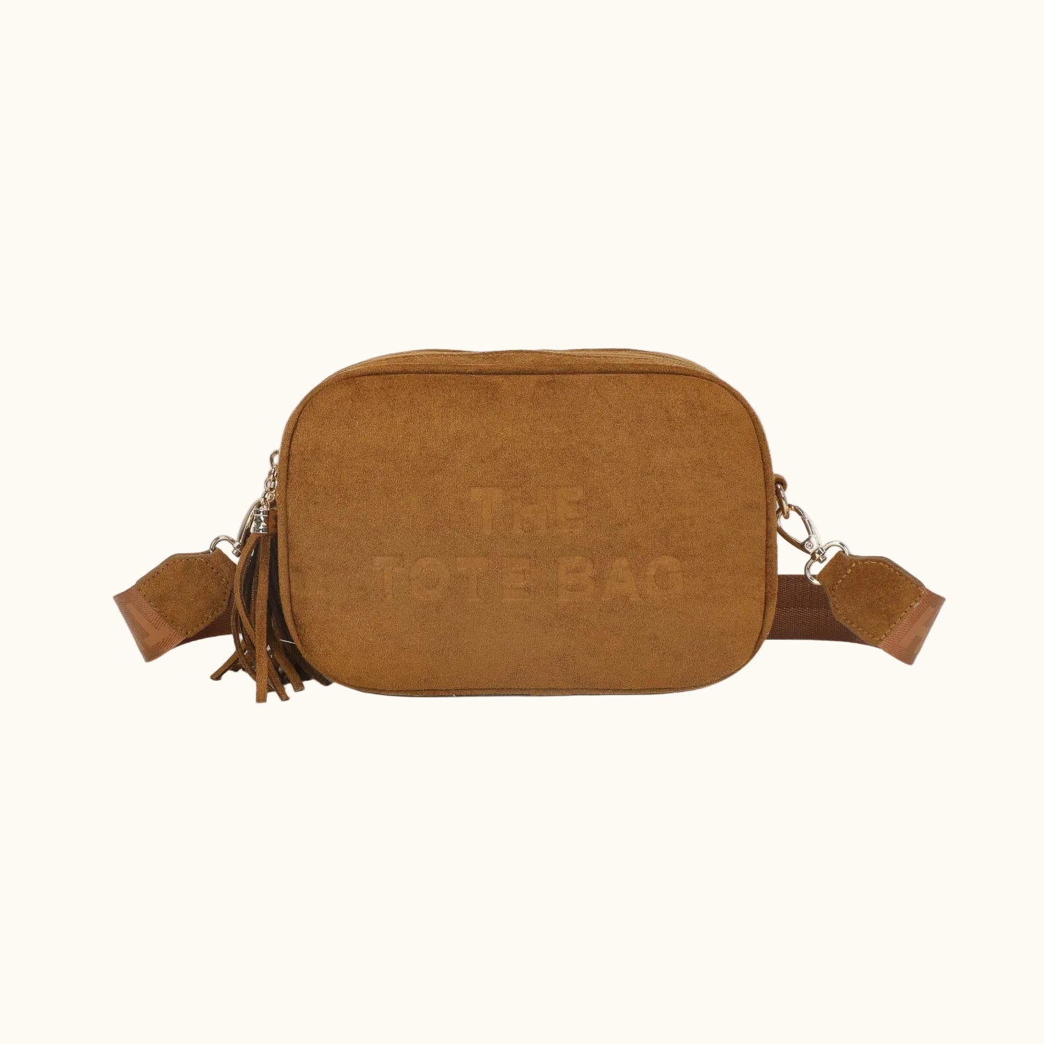 Brown suede tote bag with 'The Tote Bag' text on a white background