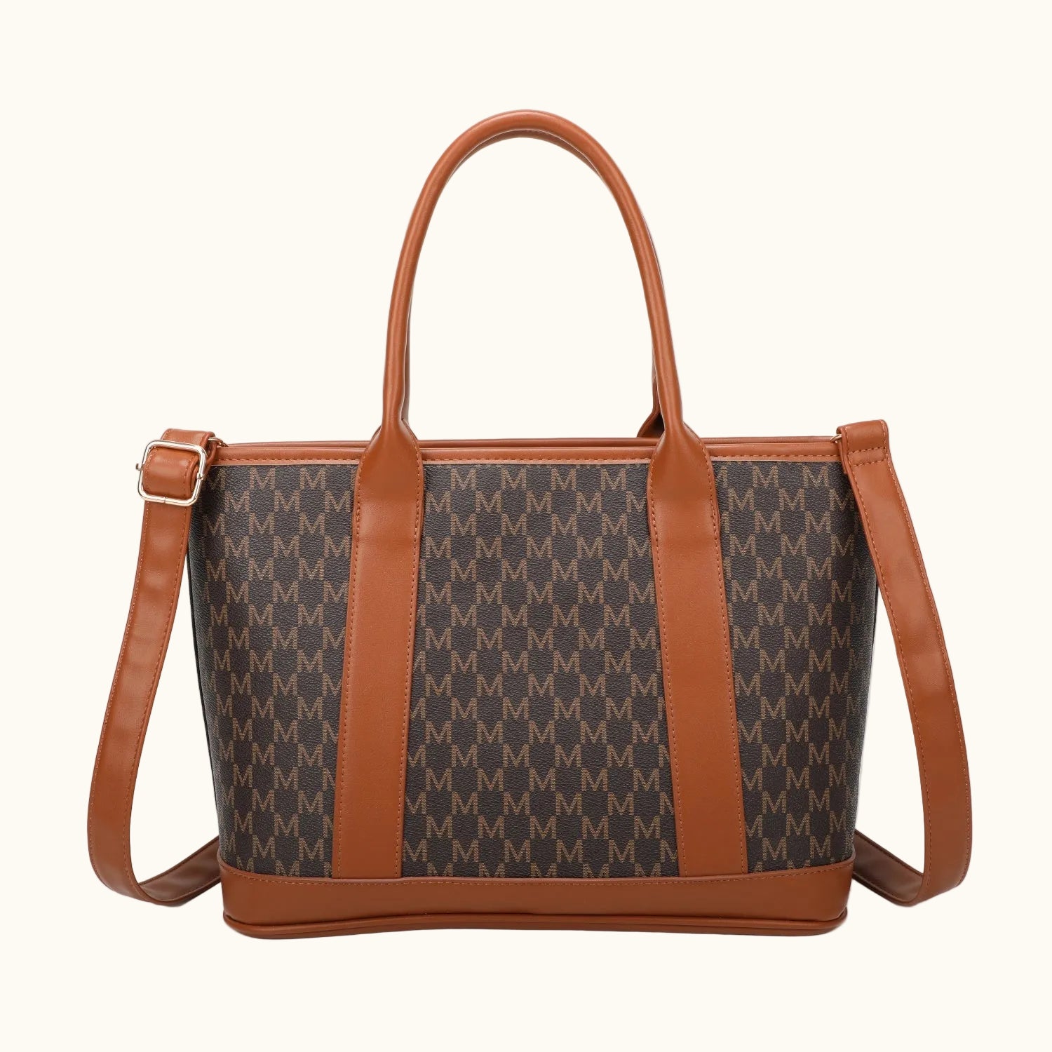 Brown and black handbag with a pattern on a white background