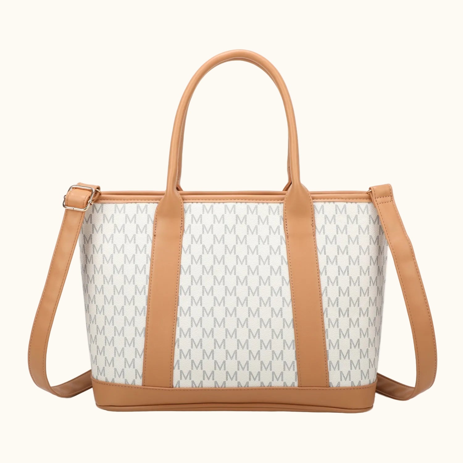 Tote bag with brown handles and trim on a white background