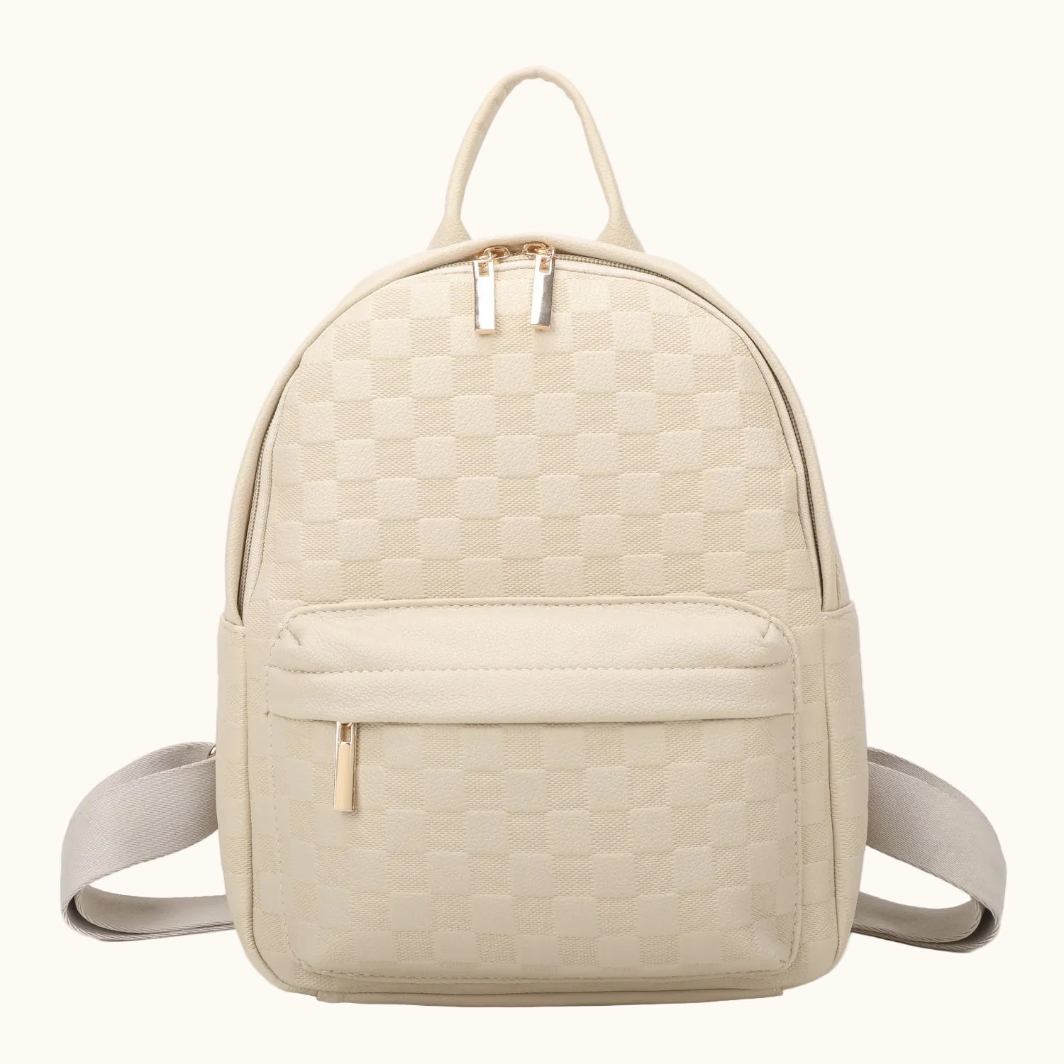 Beige woven backpack on a white background