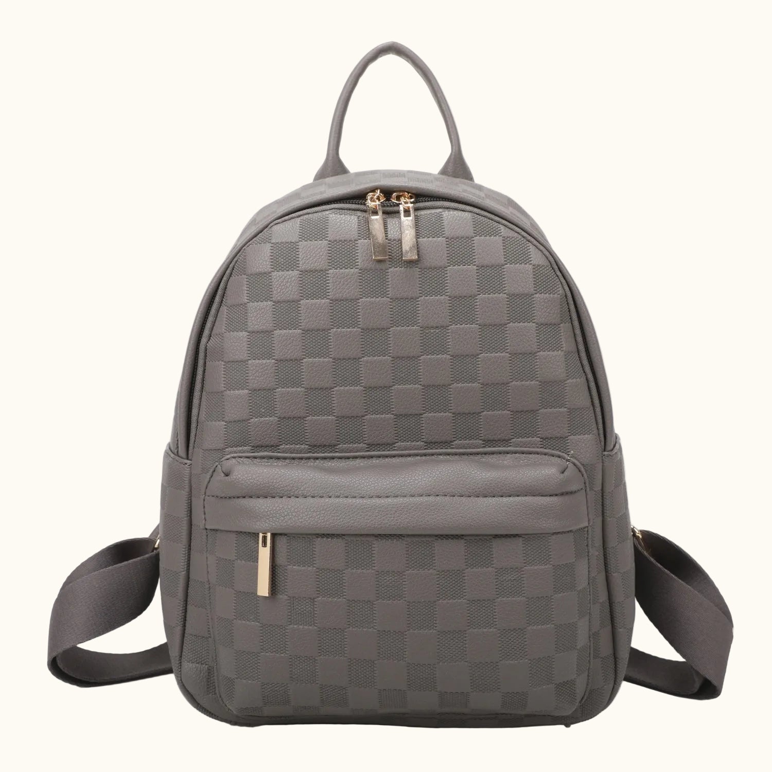 Gray checkered backpack on a white background