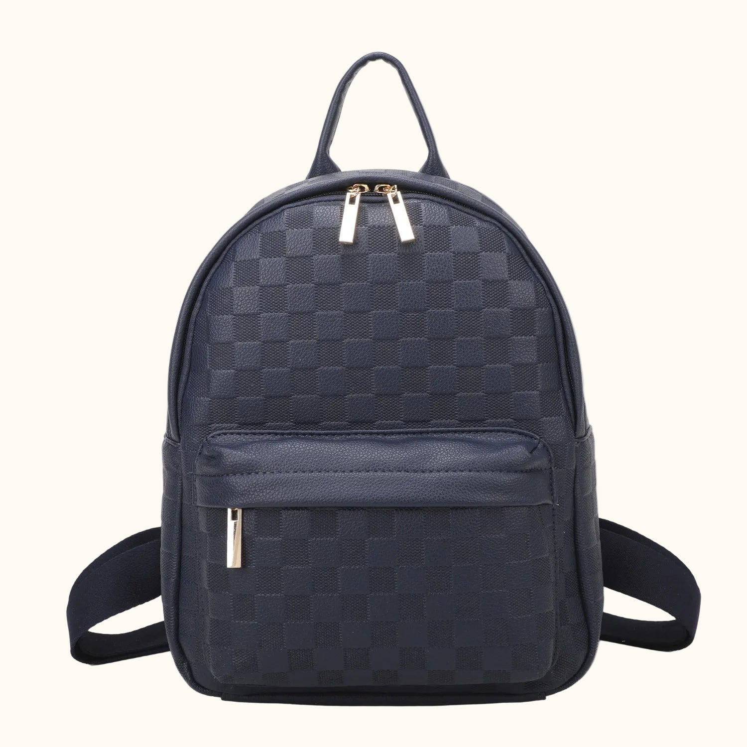 Navy blue checkered backpack with gold zippers on a white background