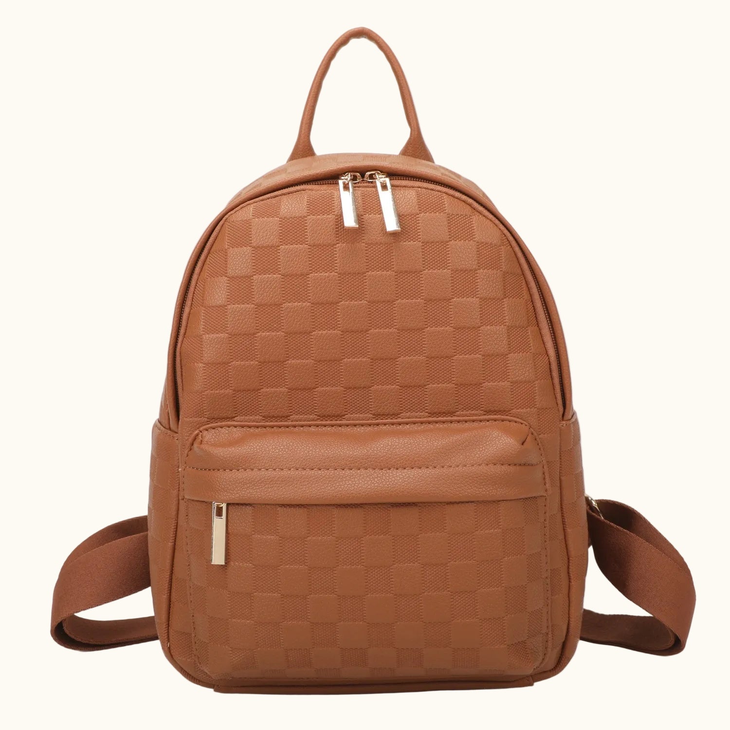 Brown woven backpack with a front pocket on a white background